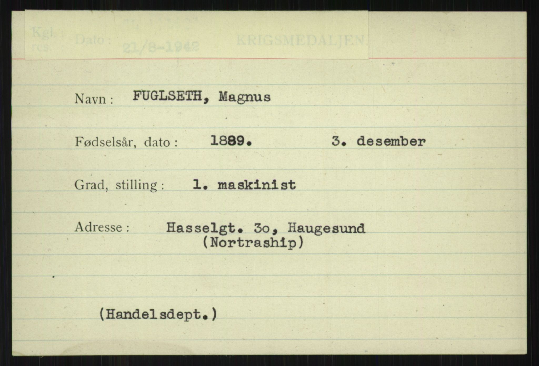 Direktoratet for sjømenn, AV/RA-S-3545/G/Gi/L0005: Alfabetisk ordnet kartotek over krigsdekorasjoner tildelt nordmenn under krigen, Ekeberg - Hendriksen, 1940-1945, s. 637