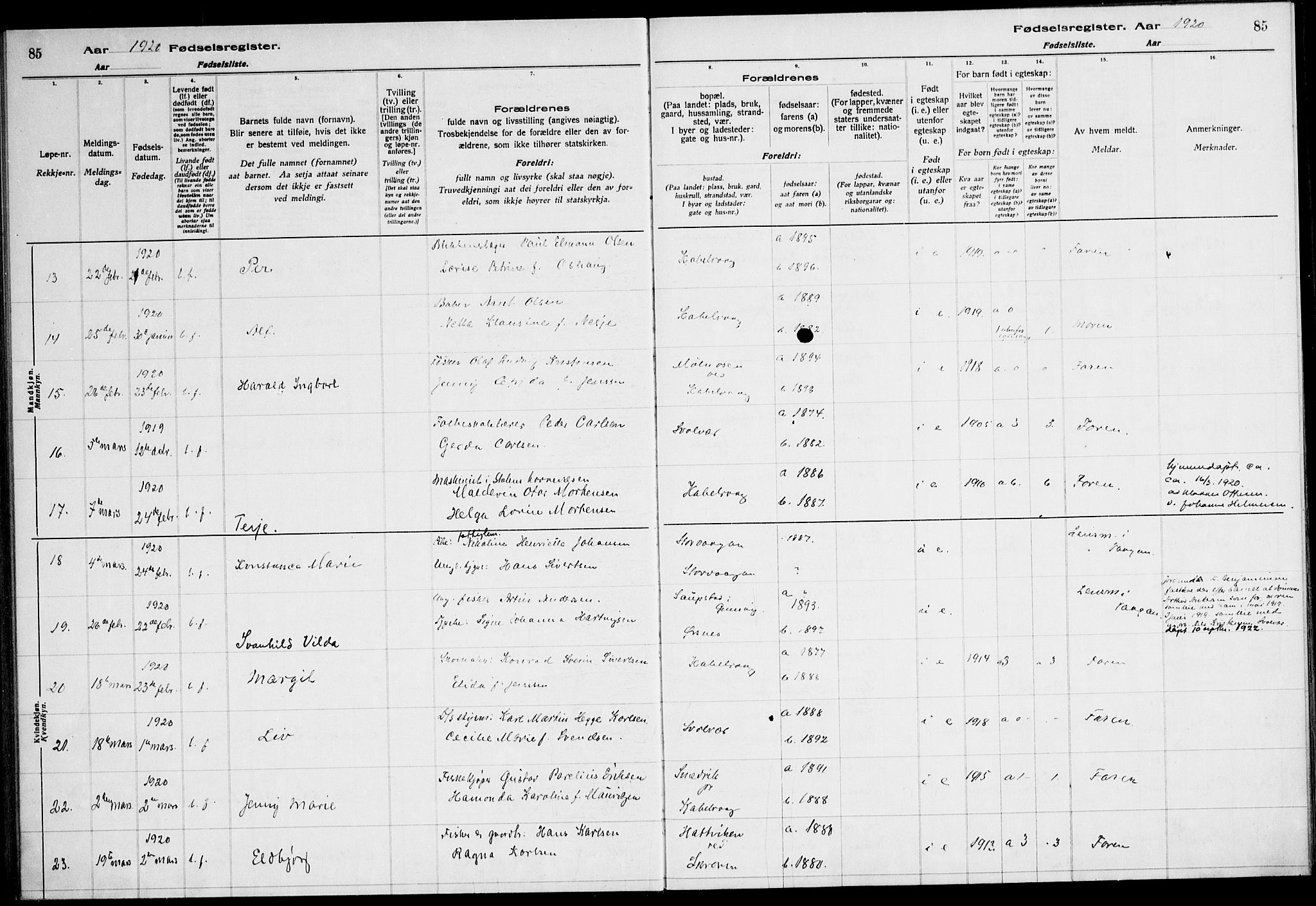 Ministerialprotokoller, klokkerbøker og fødselsregistre - Nordland, SAT/A-1459/874/L1089: Fødselsregister nr. 874.II.4.1, 1916-1926, s. 85