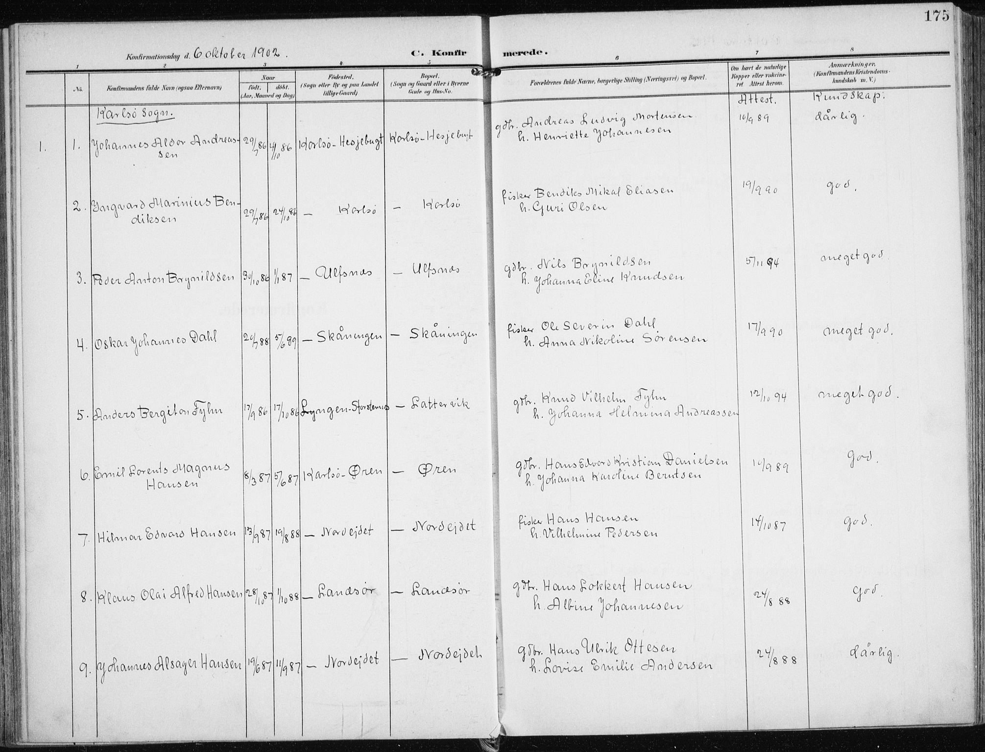 Karlsøy sokneprestembete, AV/SATØ-S-1299/H/Ha/Haa/L0014kirke: Ministerialbok nr. 14, 1903-1917, s. 175