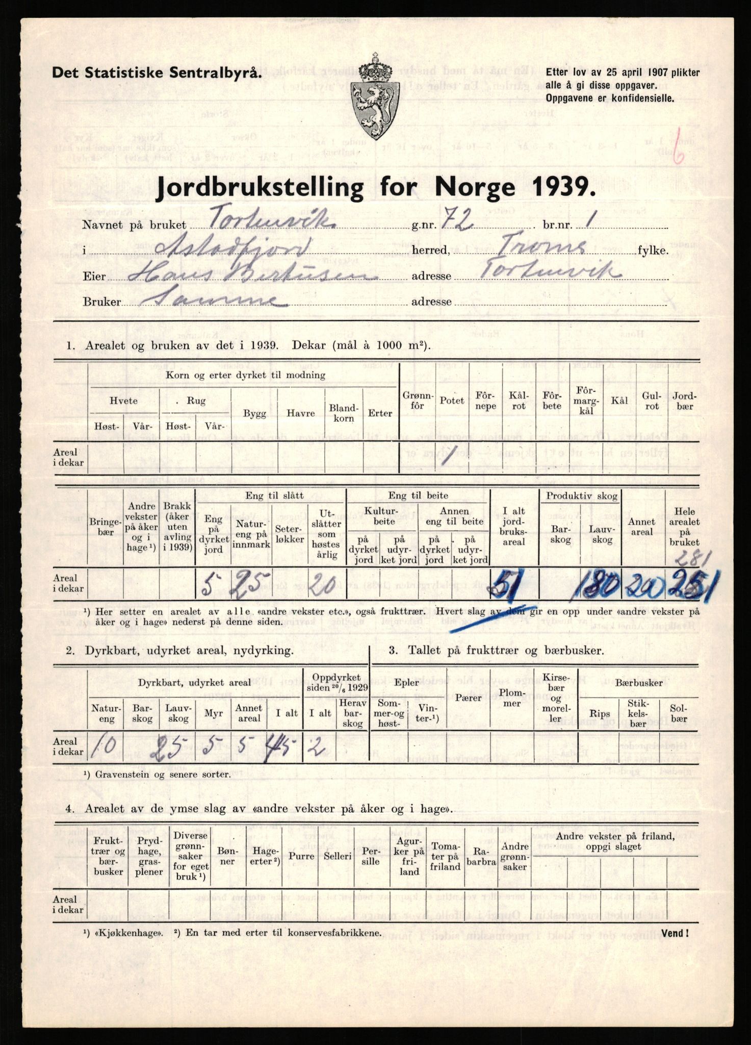 Statistisk sentralbyrå, Næringsøkonomiske emner, Jordbruk, skogbruk, jakt, fiske og fangst, AV/RA-S-2234/G/Gb/L0339: Troms: Andørja, Astafjord og Lavangen, 1939, s. 369