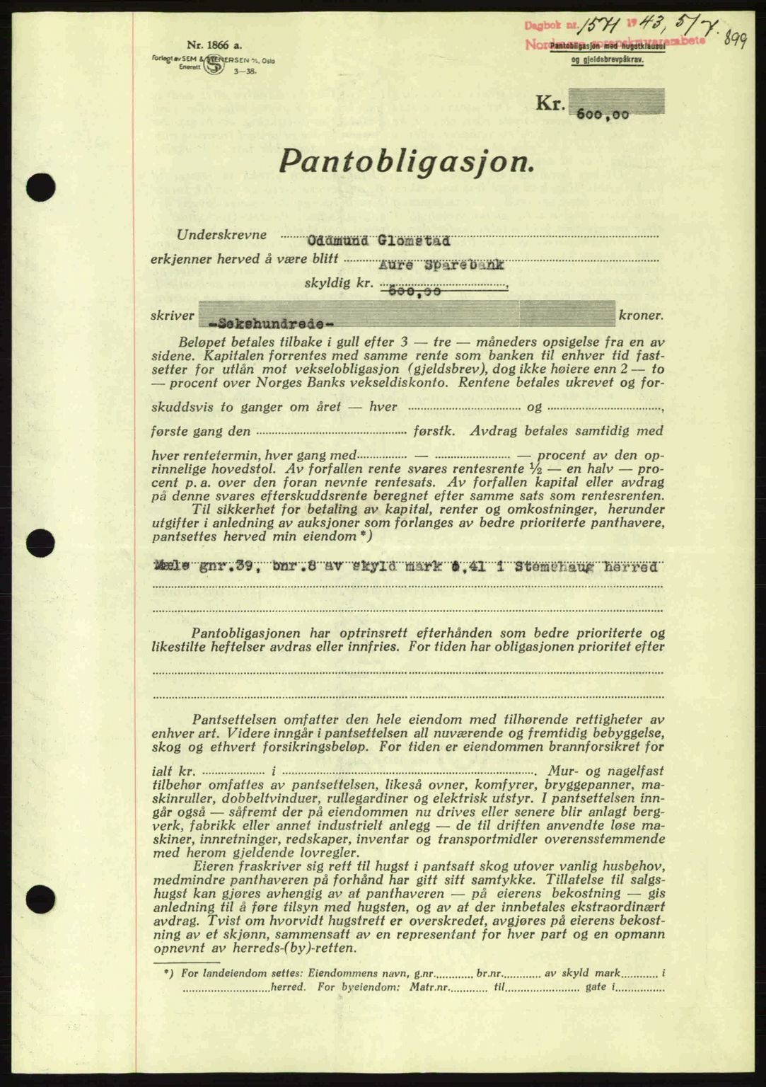 Nordmøre sorenskriveri, SAT/A-4132/1/2/2Ca: Pantebok nr. B90, 1942-1943, Dagboknr: 1571/1943