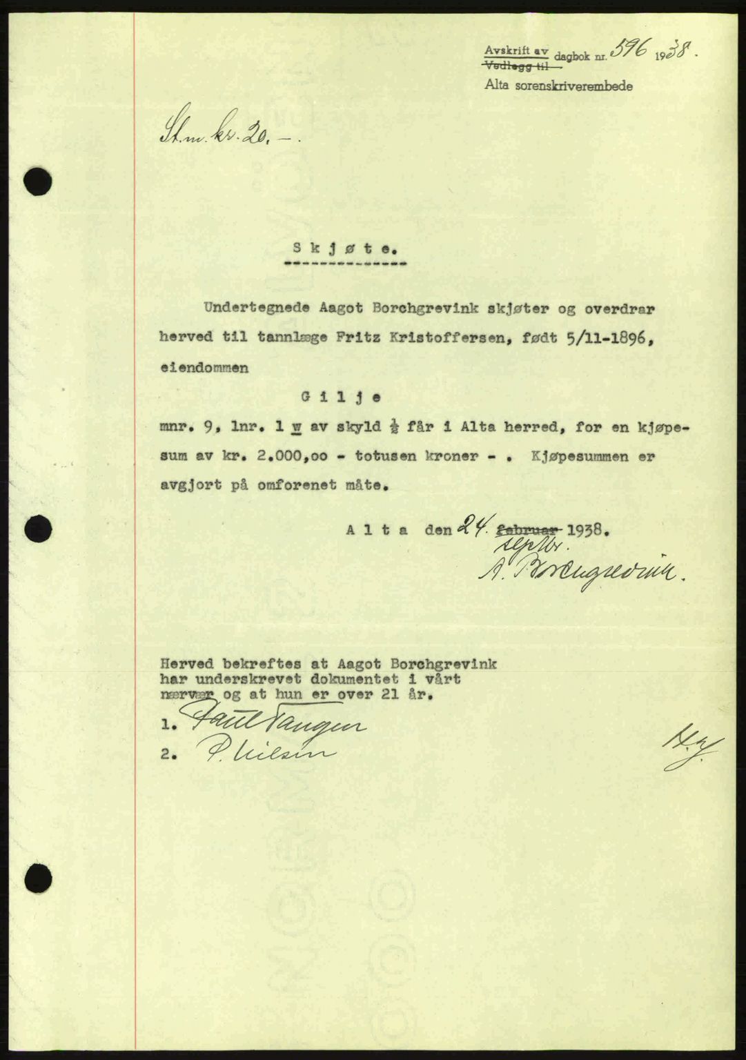 Alta fogderi/sorenskriveri, SATØ/SATØ-5/1/K/Kd/L0031pantebok: Pantebok nr. 31, 1938-1939, Dagboknr: 596/1938