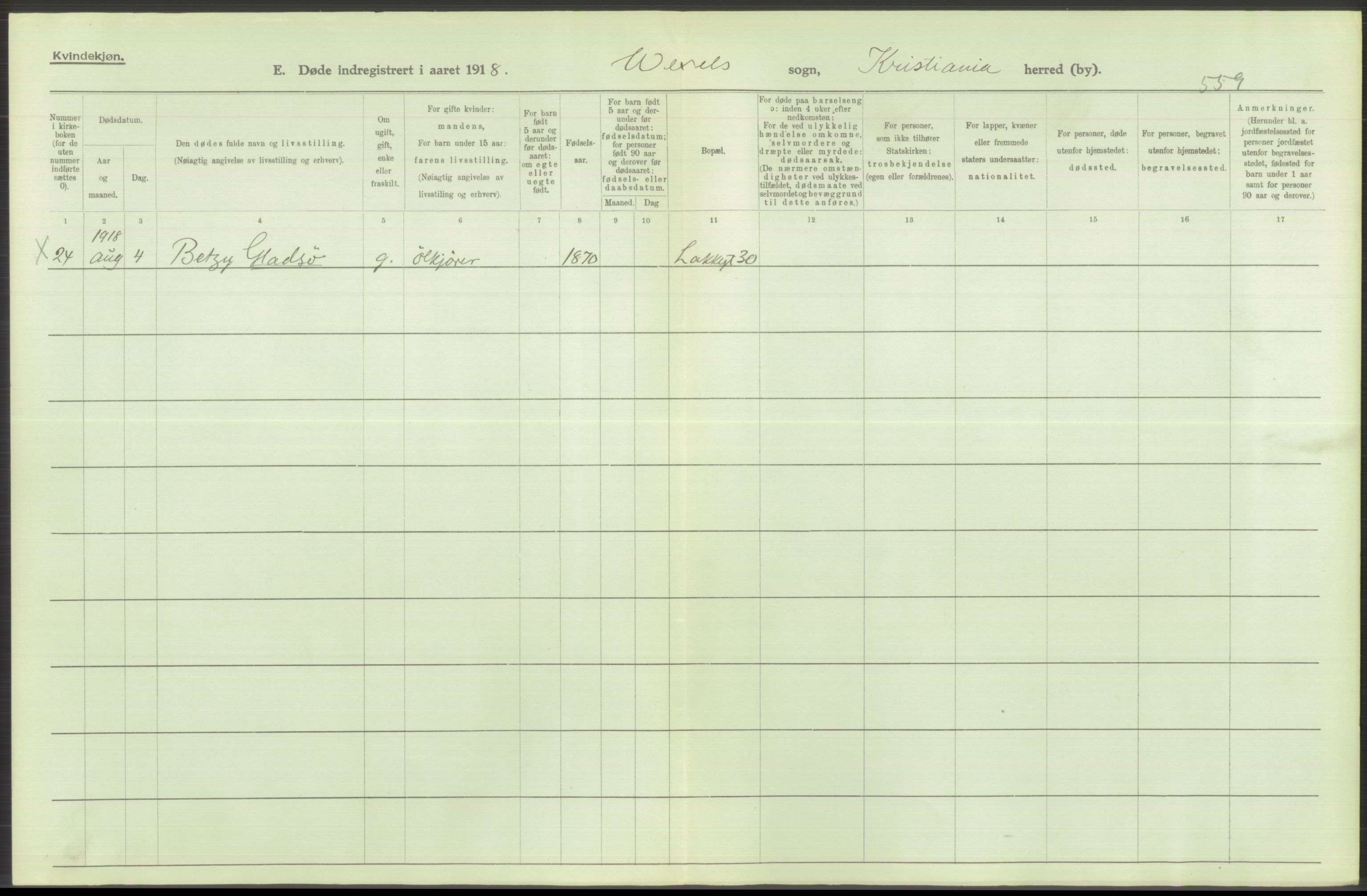 Statistisk sentralbyrå, Sosiodemografiske emner, Befolkning, AV/RA-S-2228/D/Df/Dfb/Dfbh/L0011: Kristiania: Døde, dødfødte, 1918, s. 430