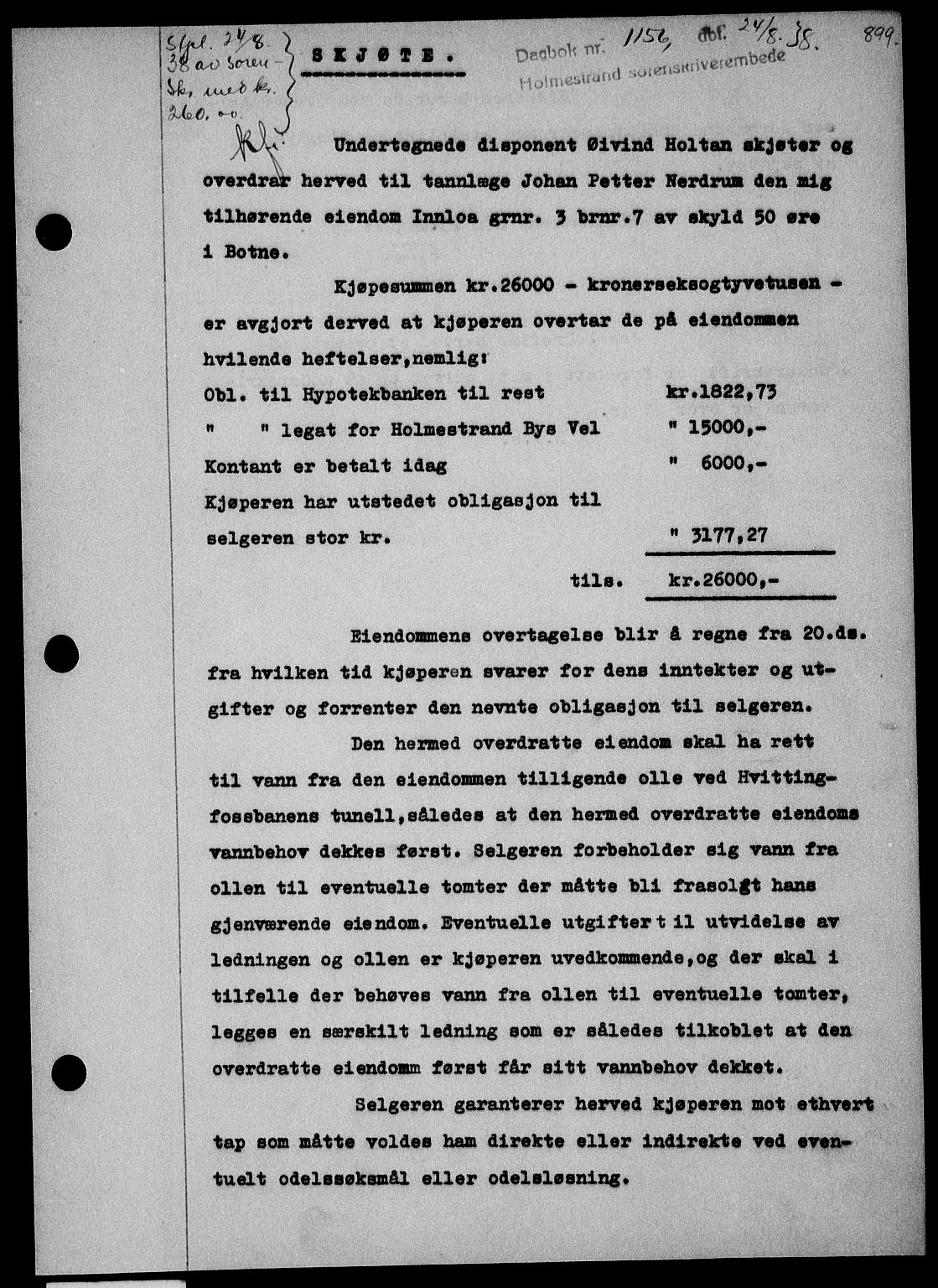 Holmestrand sorenskriveri, SAKO/A-67/G/Ga/Gaa/L0049: Pantebok nr. A-49, 1937-1938, Dagboknr: 1156/1938