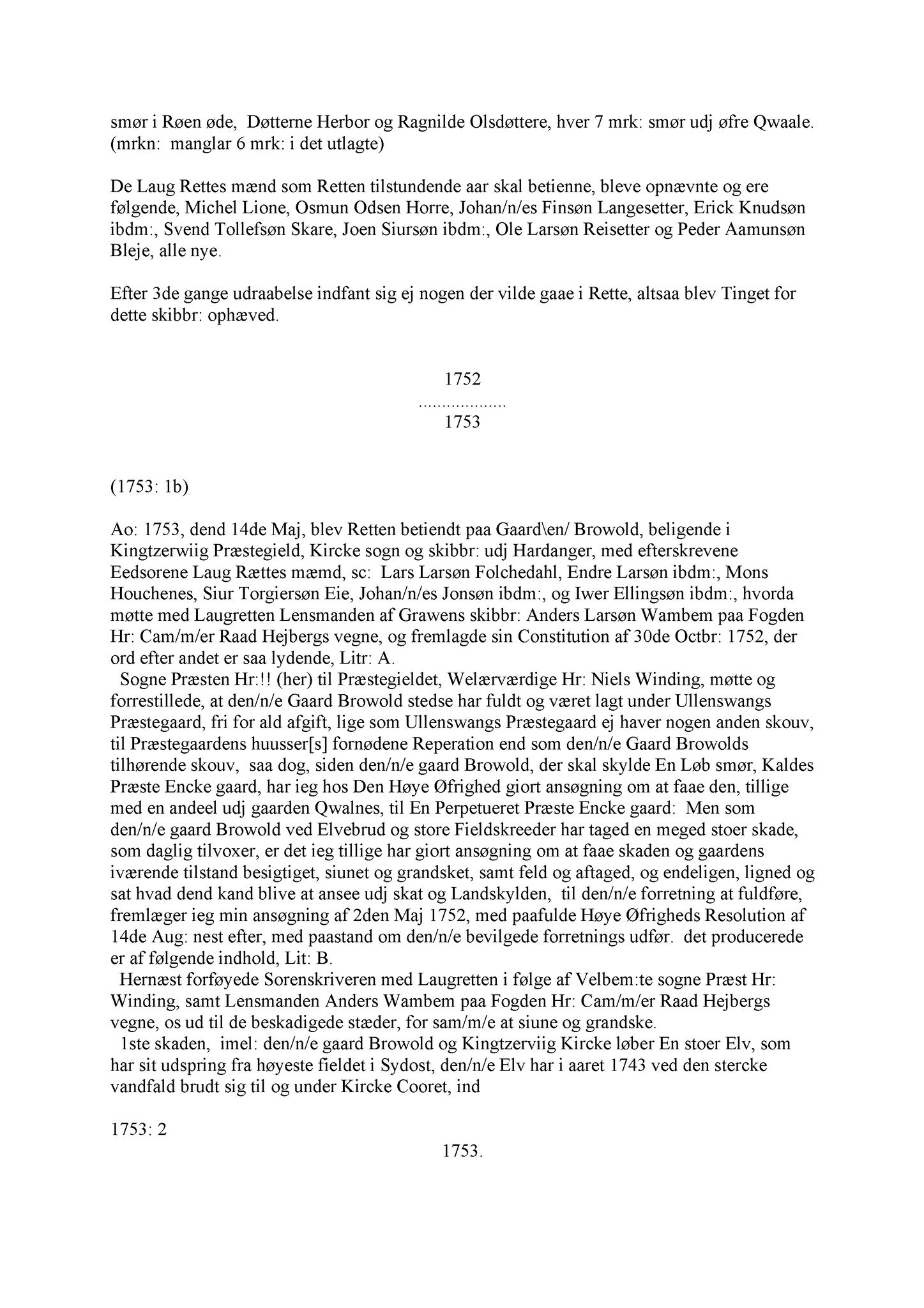 Samling av fulltekstavskrifter, SAB/FULLTEKST/A/12/0092: Hardanger og Voss sorenskriveri, tingbok nr. Af 2 for Hardanger, 1752-1760