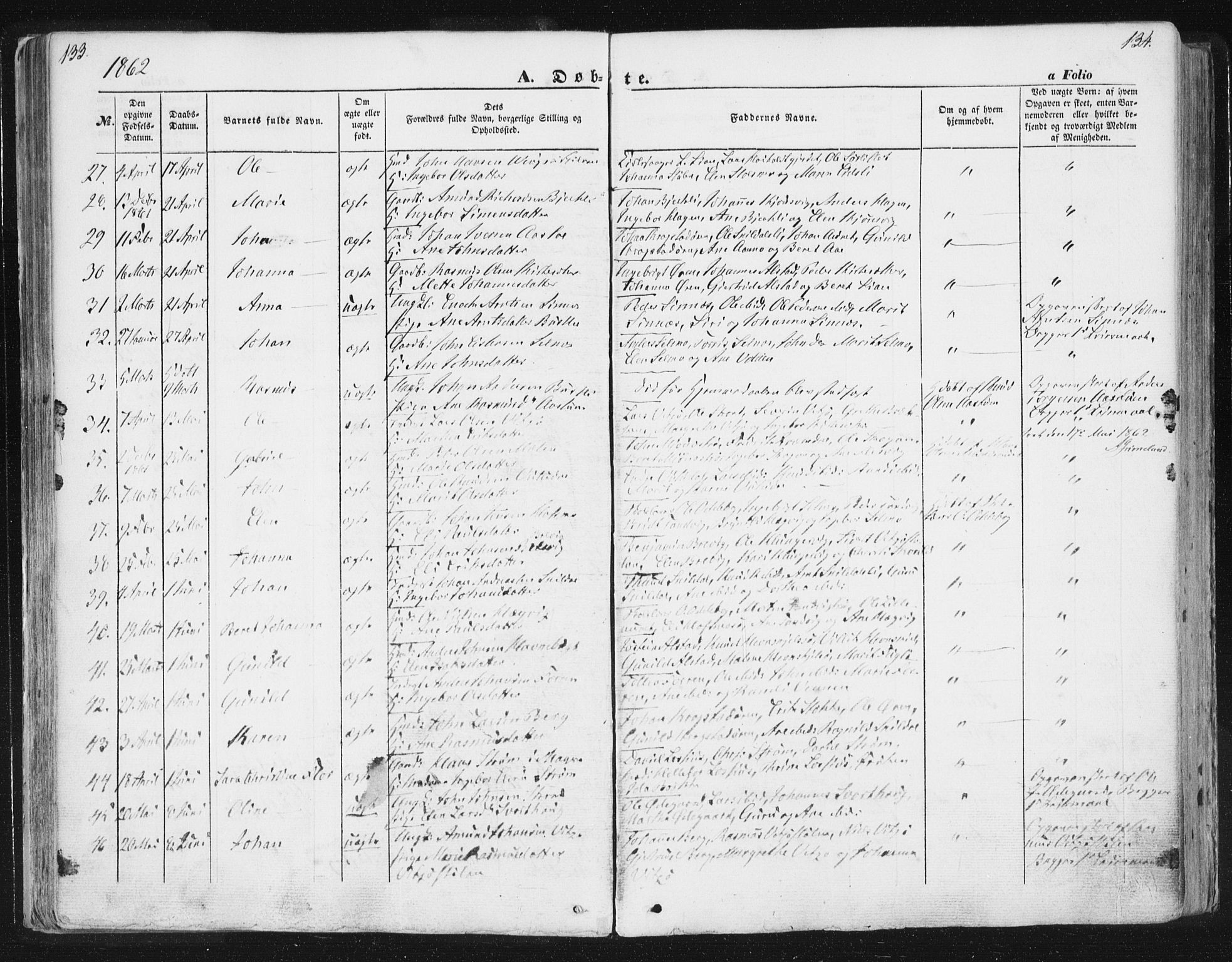 Ministerialprotokoller, klokkerbøker og fødselsregistre - Sør-Trøndelag, SAT/A-1456/630/L0494: Ministerialbok nr. 630A07, 1852-1868, s. 133-134