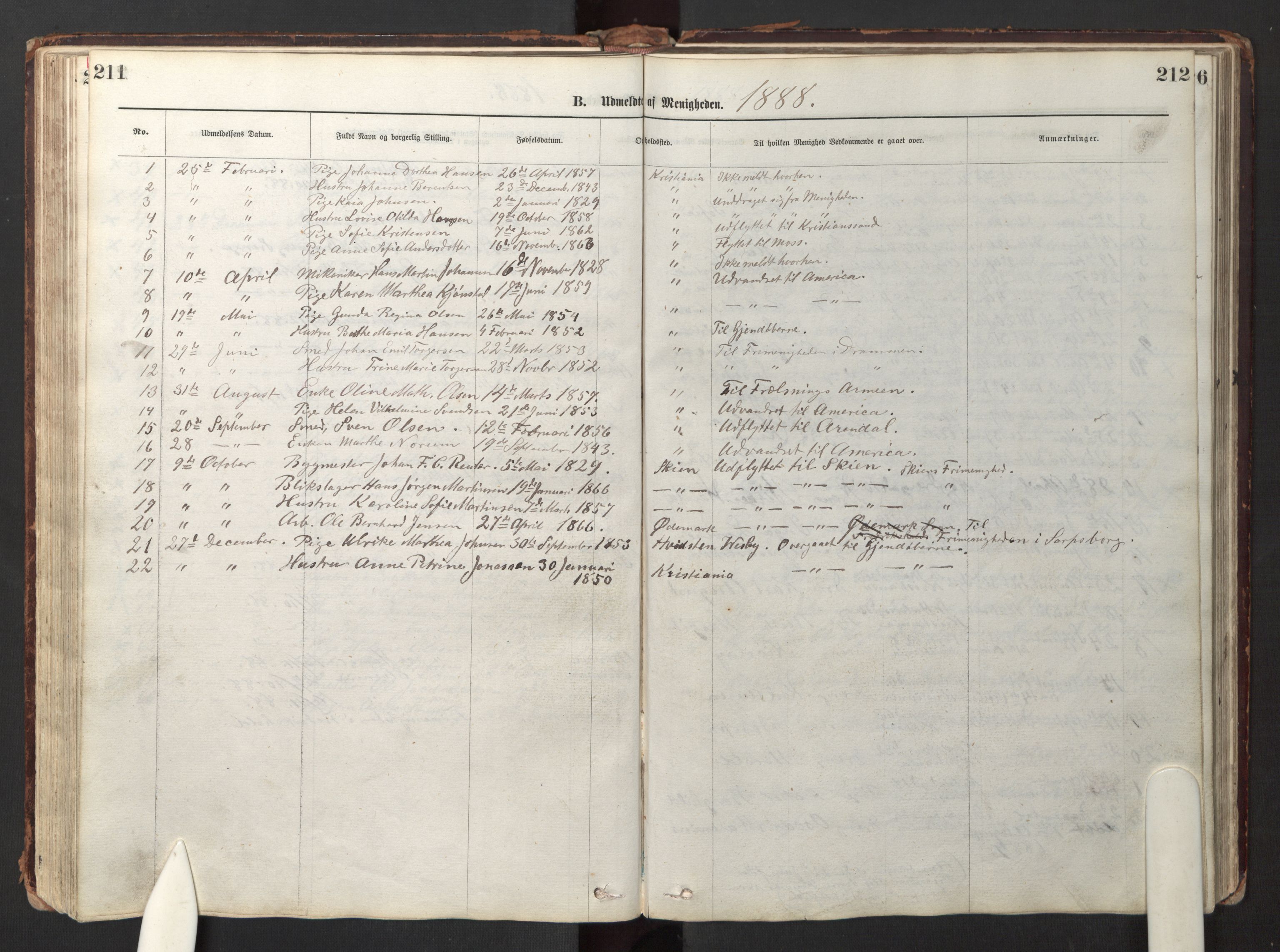 Den evangelisk-lutherske frikirke østre menighet, Oslo, AV/SAO-PAO-0245/F/L0001: Dissenterprotokoll nr. 1, 1878-1892, s. 211-212