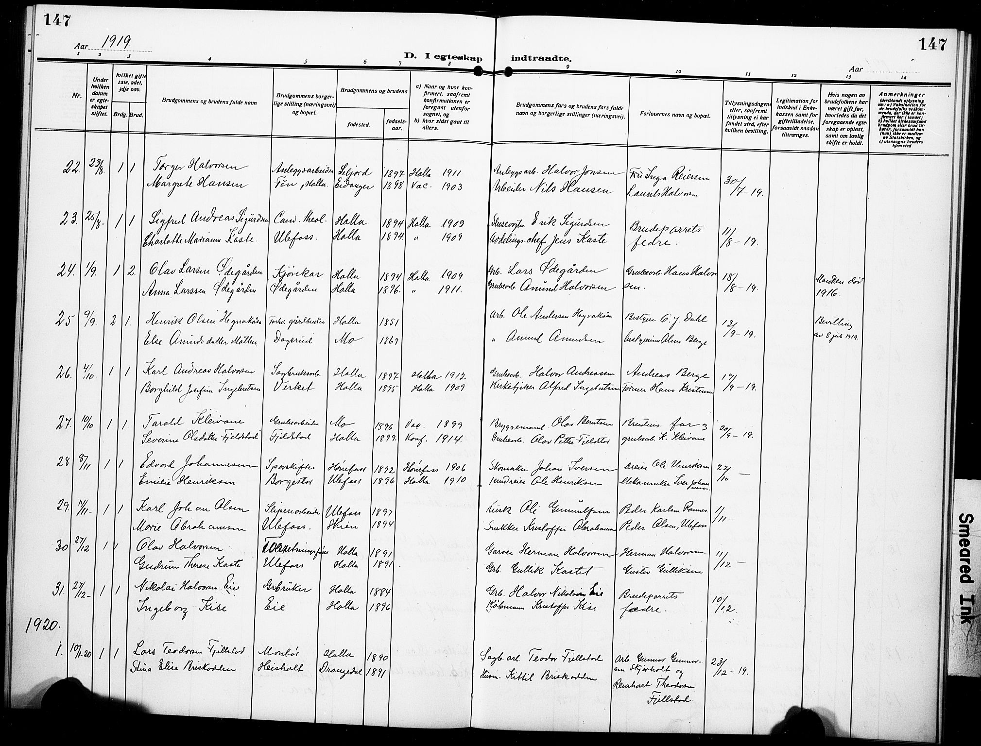Holla kirkebøker, AV/SAKO-A-272/G/Ga/L0006: Klokkerbok nr. I 6, 1917-1928, s. 147