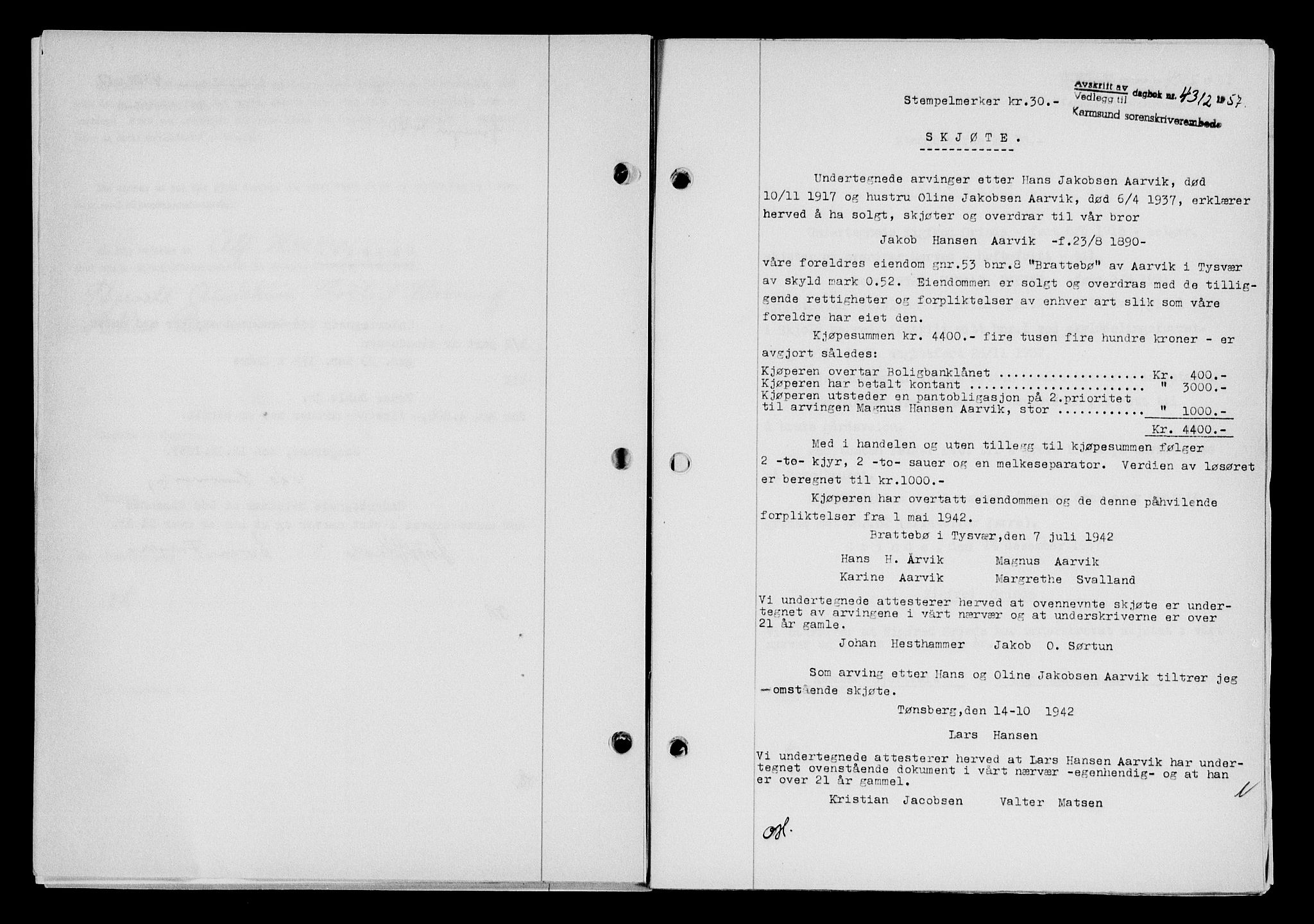 Karmsund sorenskriveri, SAST/A-100311/01/II/IIB/L0127: Pantebok nr. 107A, 1957-1958, Dagboknr: 4312/1957