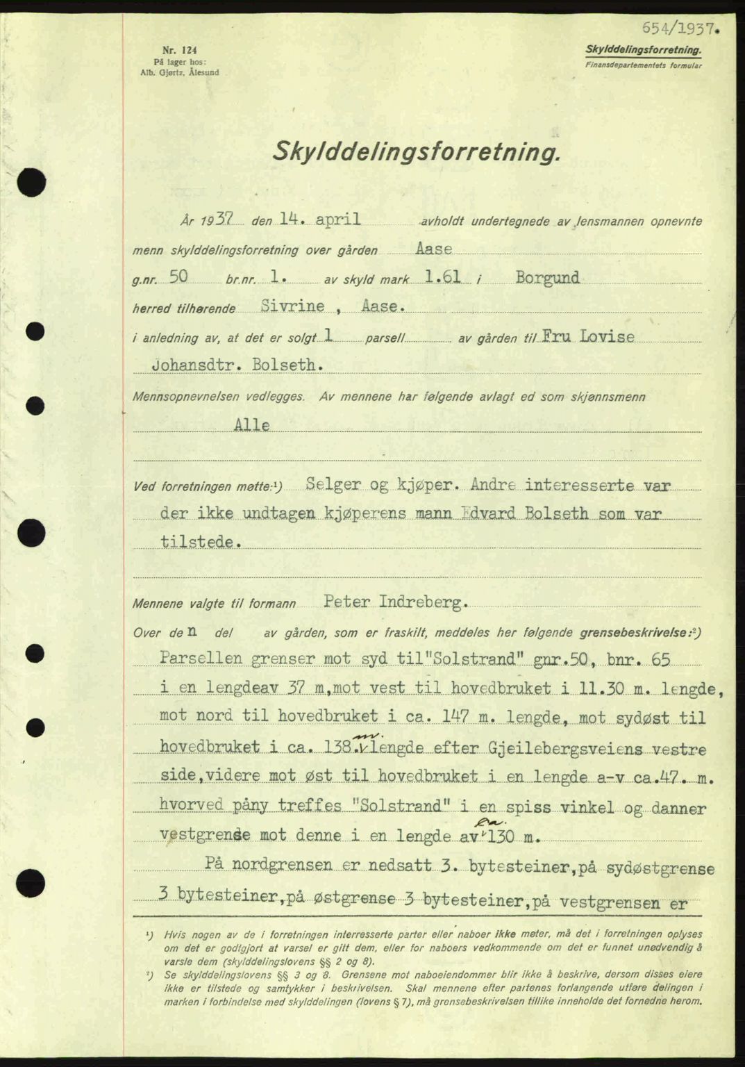 Nordre Sunnmøre sorenskriveri, SAT/A-0006/1/2/2C/2Ca: Pantebok nr. A2, 1936-1937, Dagboknr: 654/1937