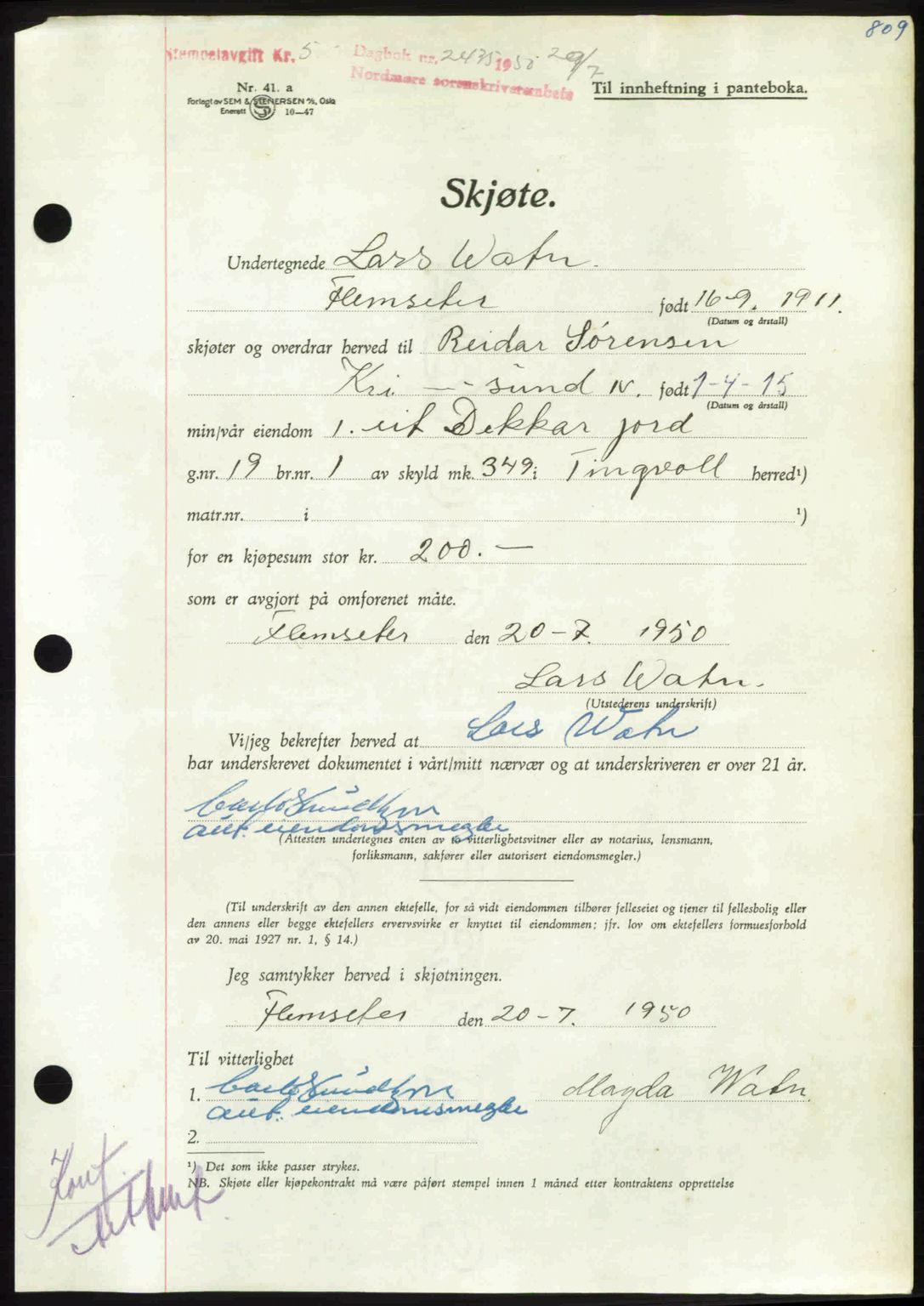 Nordmøre sorenskriveri, SAT/A-4132/1/2/2Ca: Pantebok nr. A115, 1950-1950, Dagboknr: 2435/1950