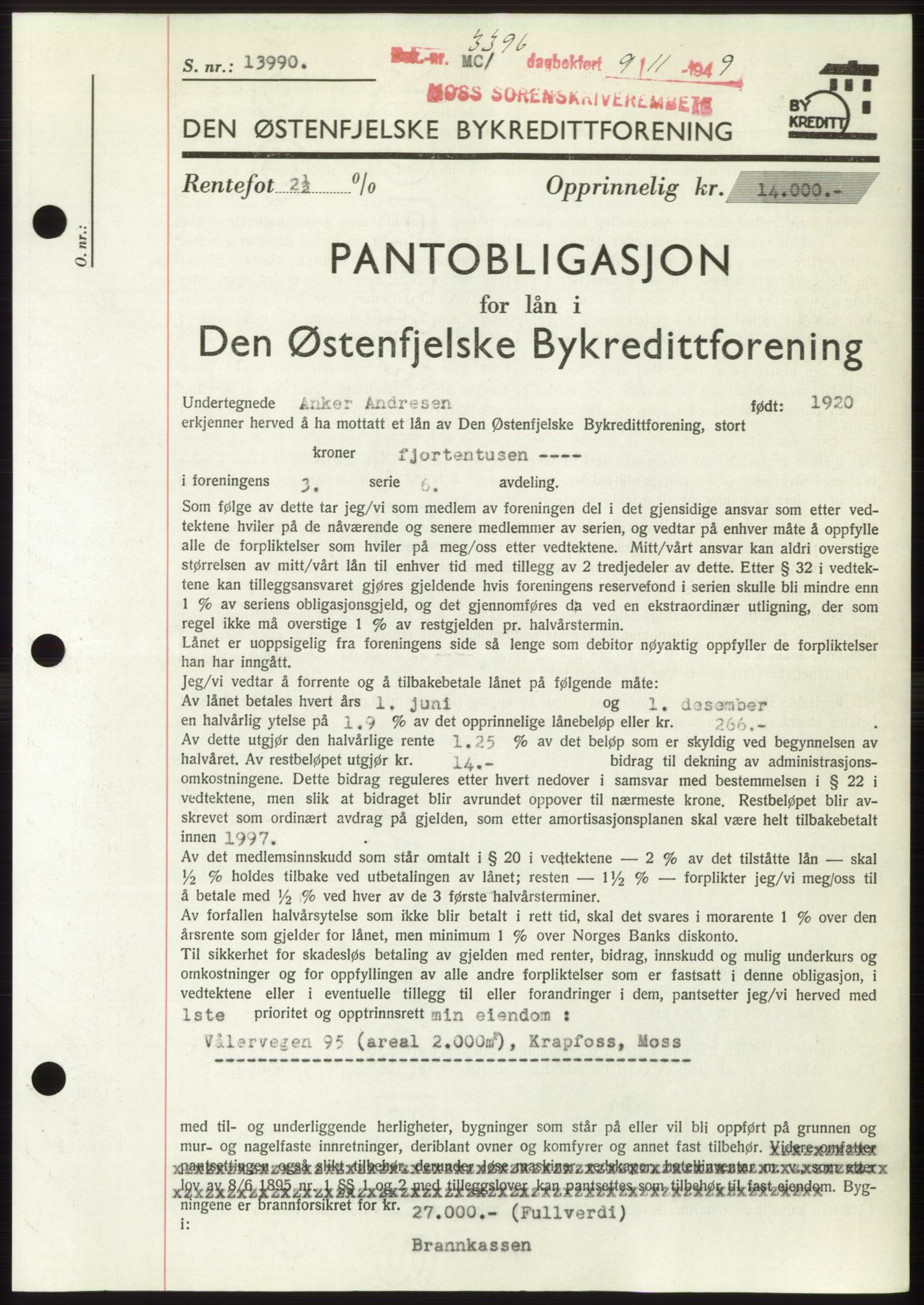 Moss sorenskriveri, SAO/A-10168: Pantebok nr. B23, 1949-1950, Dagboknr: 3396/1949