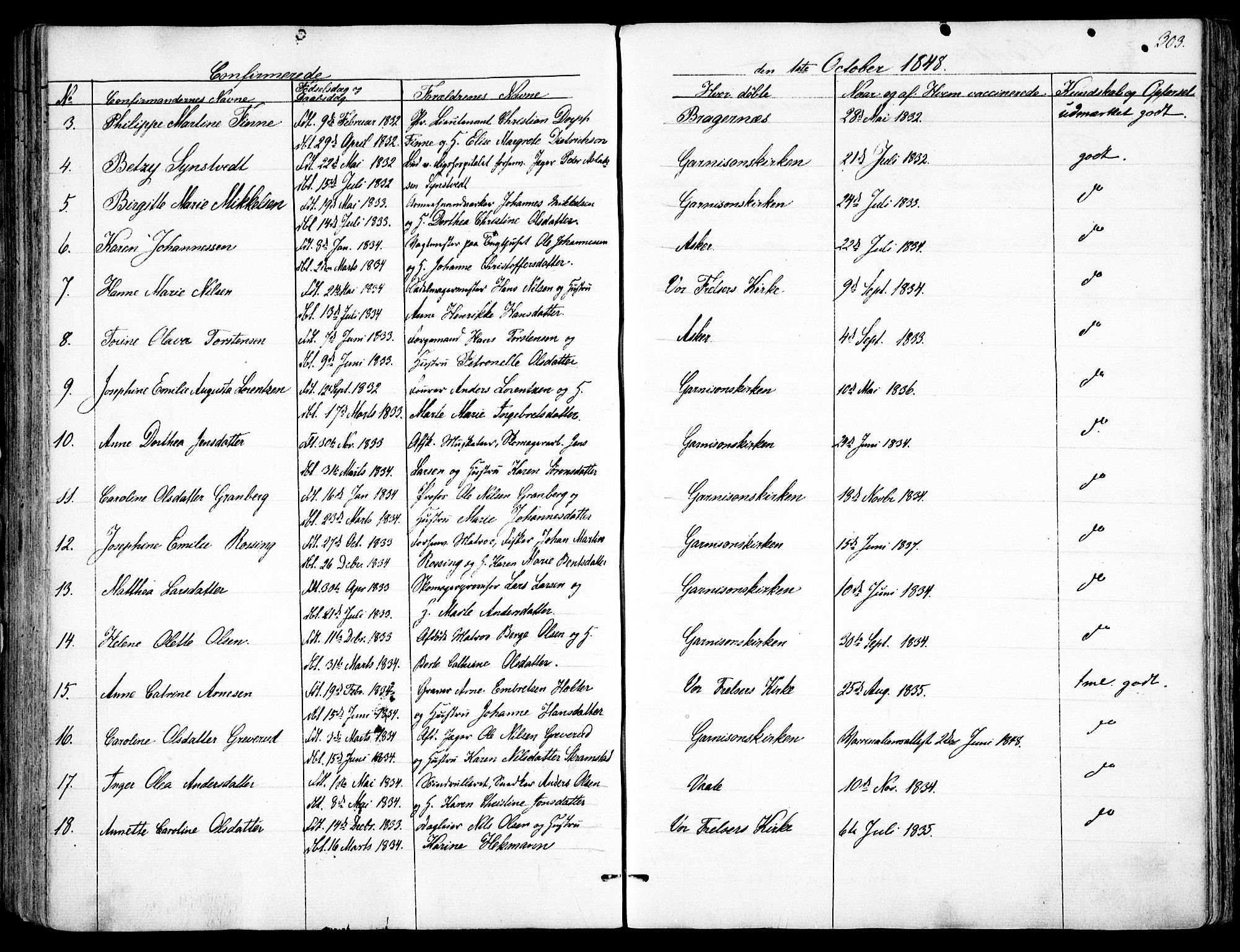 Garnisonsmenigheten Kirkebøker, AV/SAO-A-10846/F/Fa/L0008: Ministerialbok nr. 8, 1842-1859, s. 303