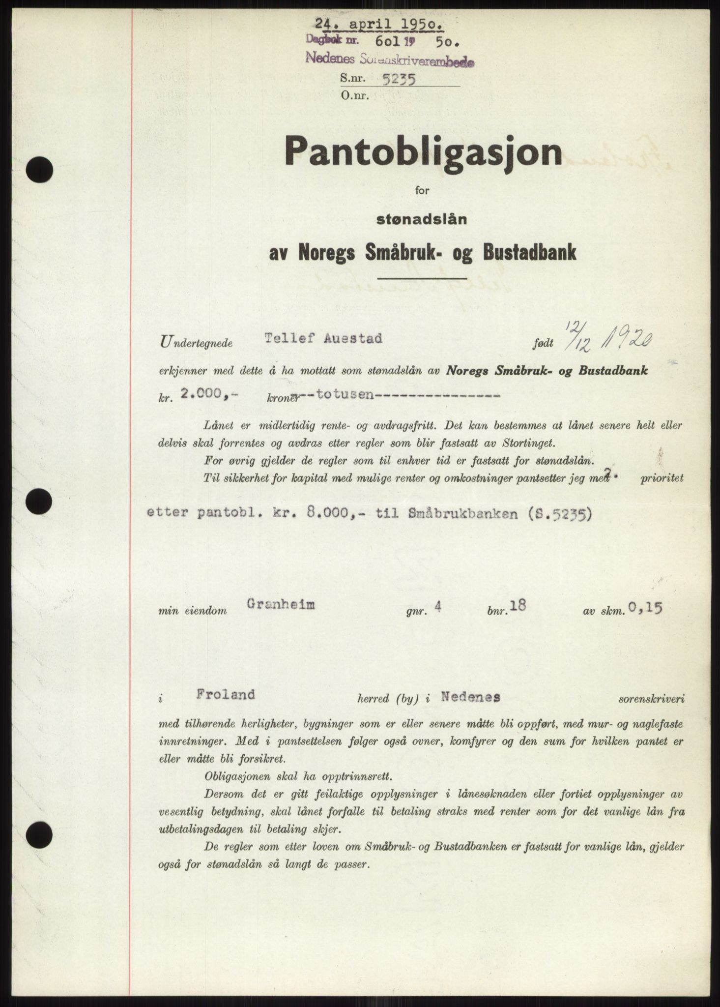 Nedenes sorenskriveri, AV/SAK-1221-0006/G/Gb/Gbb/L0007: Pantebok nr. B7, 1949-1950, Dagboknr: 601/1950