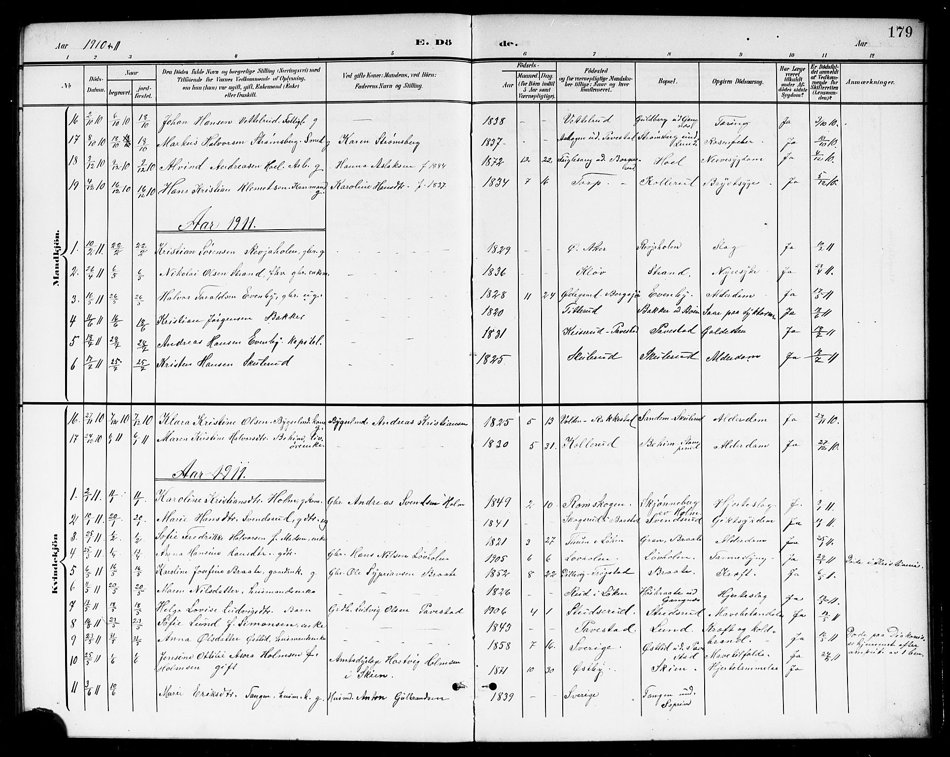 Høland prestekontor Kirkebøker, AV/SAO-A-10346a/G/Gb/L0001: Klokkerbok nr. II 1, 1902-1919, s. 179