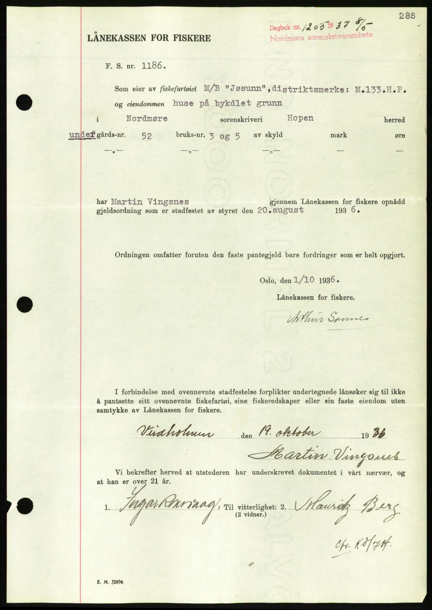 Nordmøre sorenskriveri, AV/SAT-A-4132/1/2/2Ca/L0091: Pantebok nr. B81, 1937-1937, Dagboknr: 1205/1937