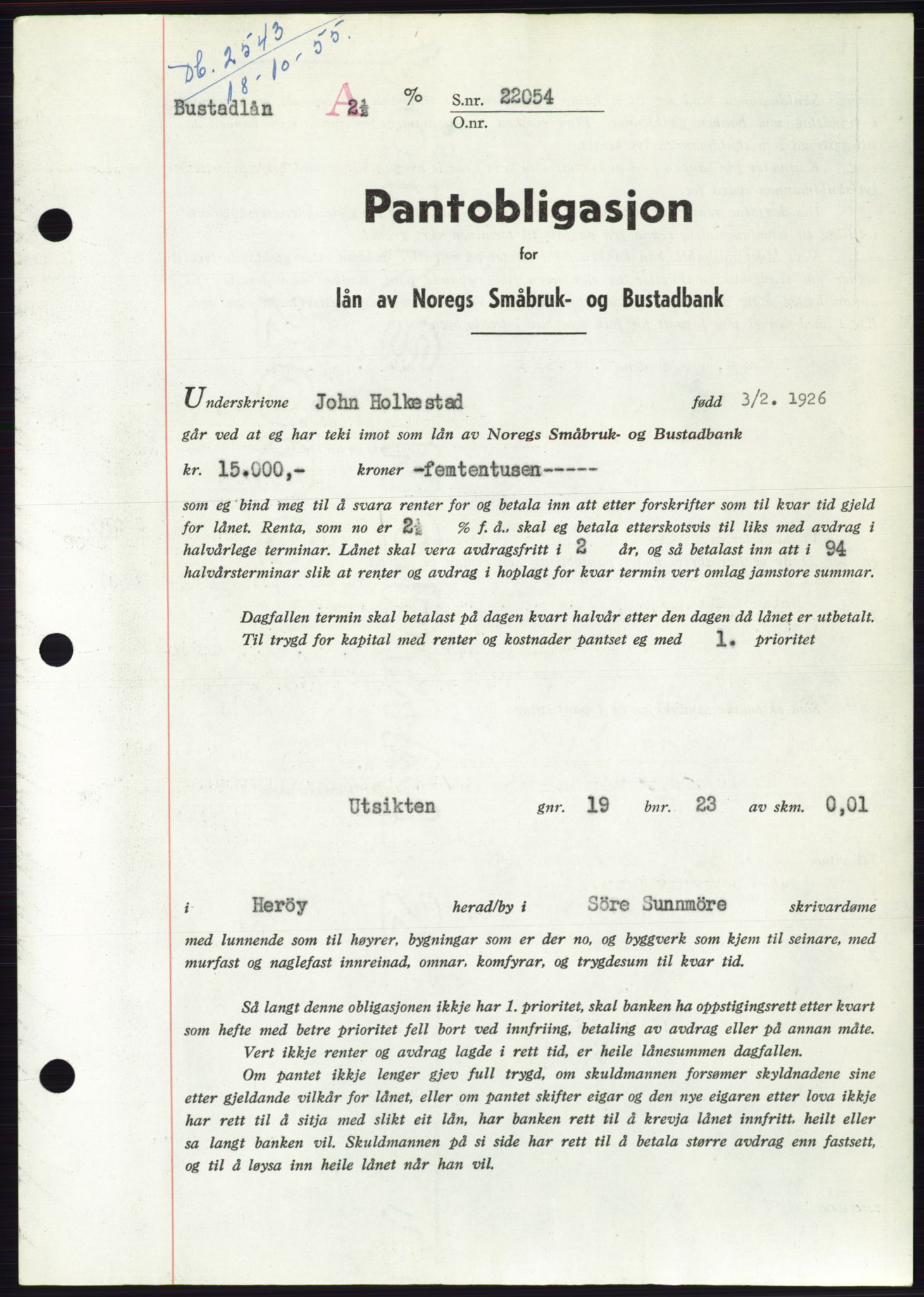 Søre Sunnmøre sorenskriveri, SAT/A-4122/1/2/2C/L0127: Pantebok nr. 15B, 1955-1955, Dagboknr: 2543/1955