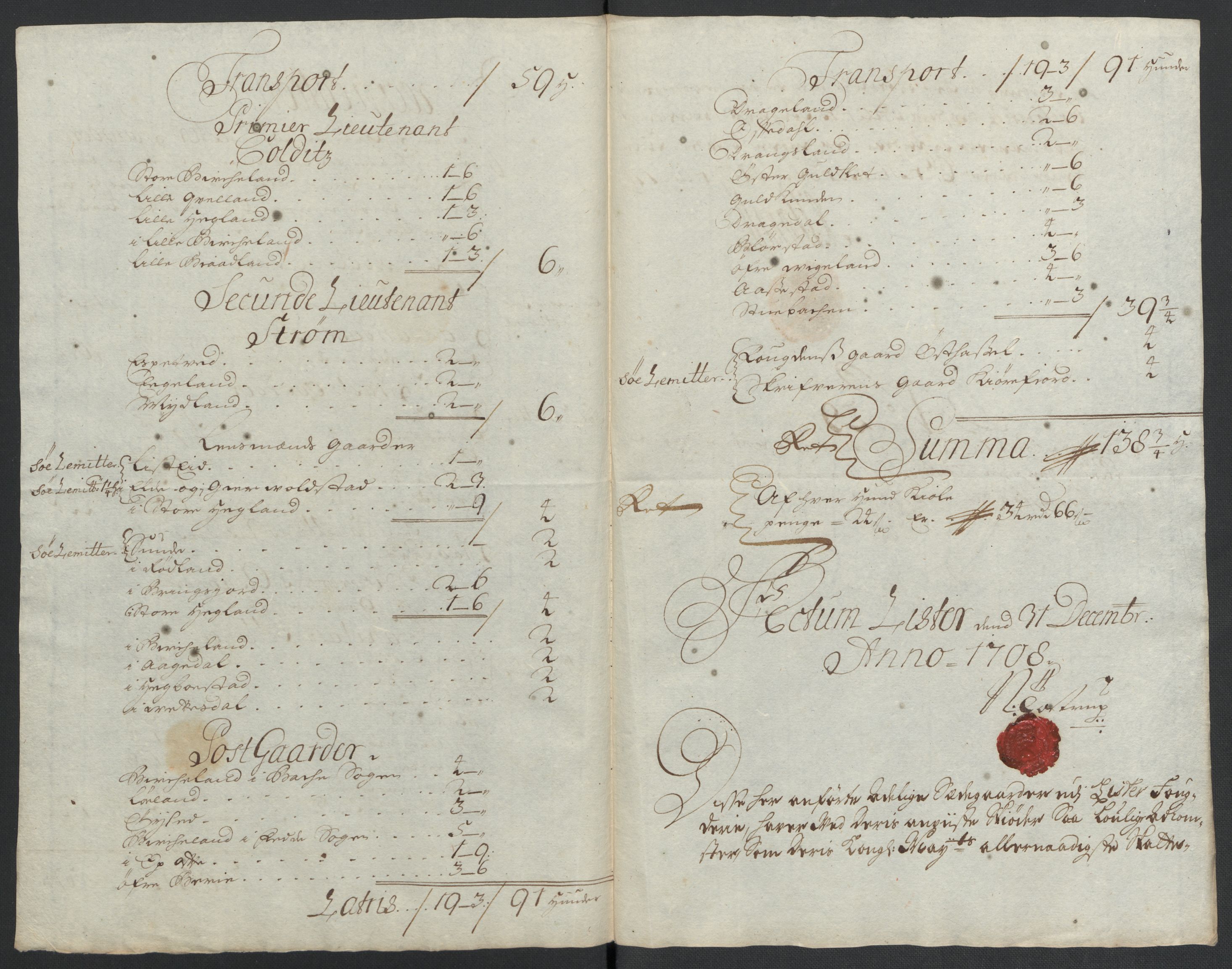 Rentekammeret inntil 1814, Reviderte regnskaper, Fogderegnskap, AV/RA-EA-4092/R43/L2552: Fogderegnskap Lista og Mandal, 1705-1709, s. 158