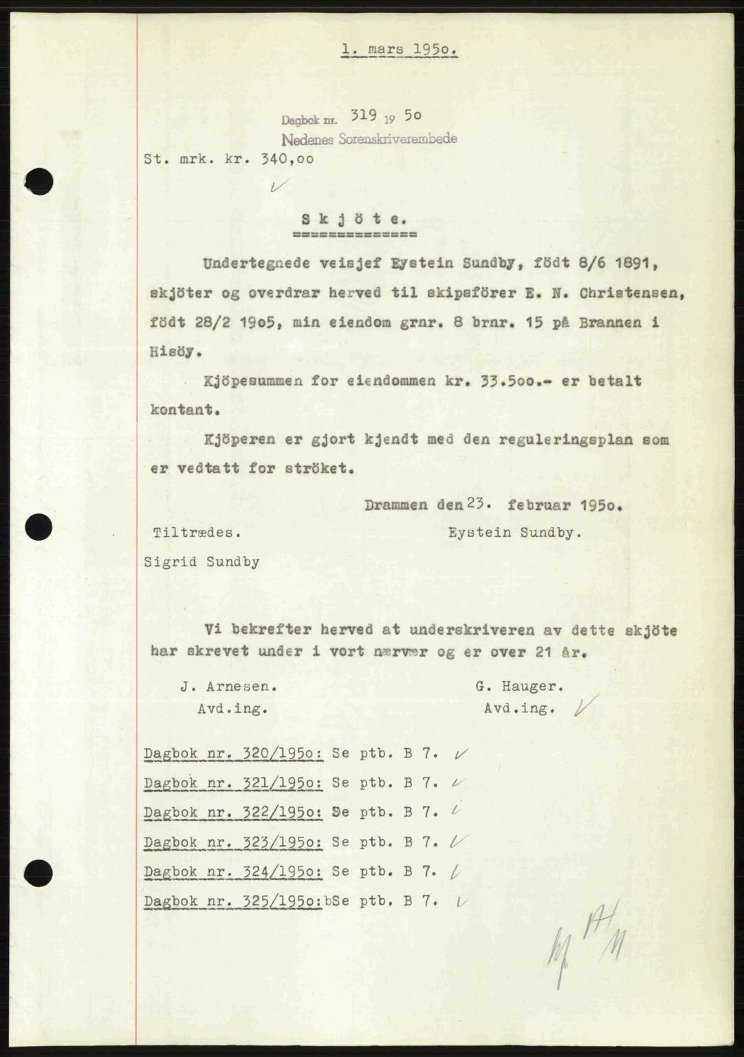 Nedenes sorenskriveri, AV/SAK-1221-0006/G/Gb/Gba/L0062: Pantebok nr. A14, 1949-1950, Dagboknr: 319/1950