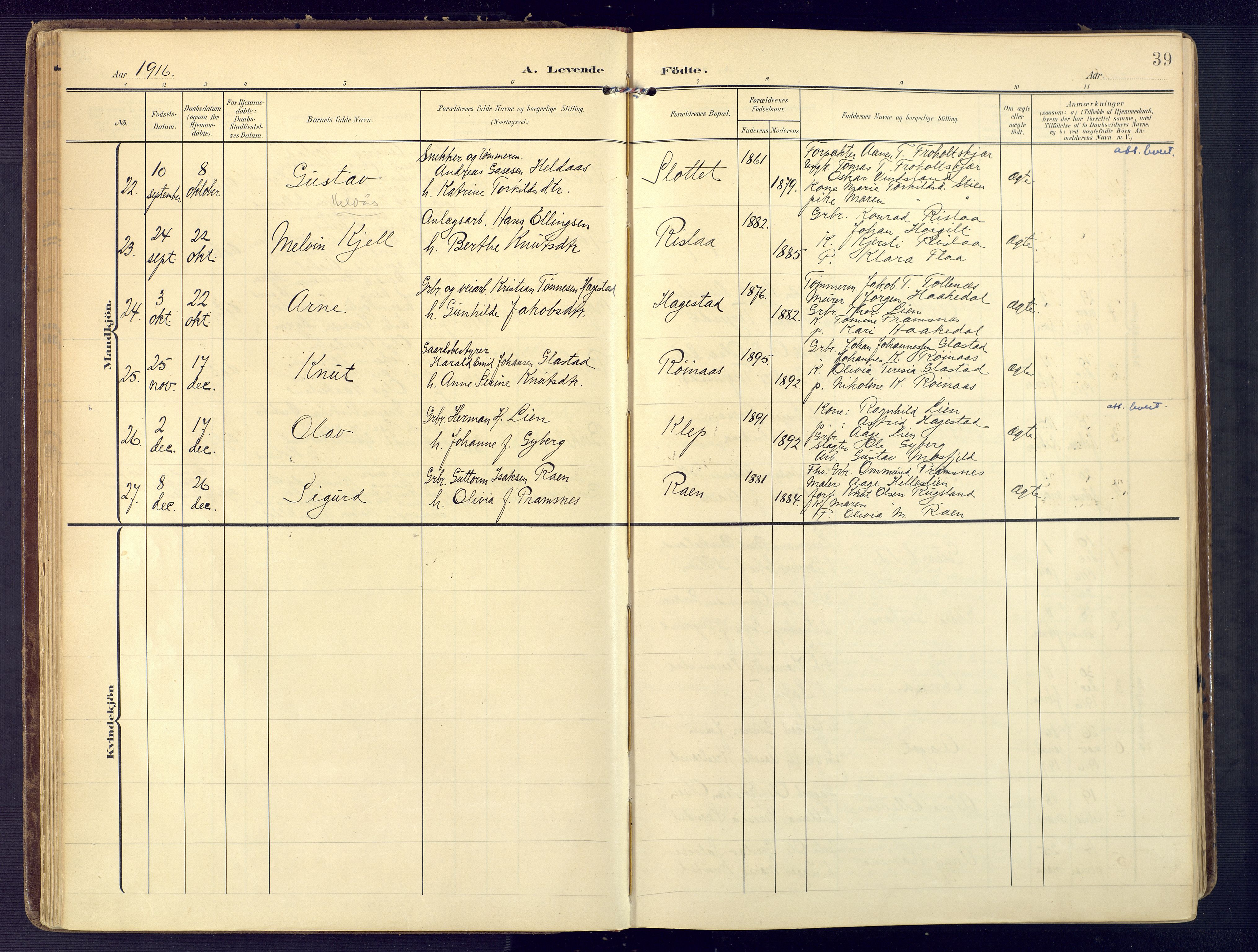 Birkenes sokneprestkontor, AV/SAK-1111-0004/F/Fa/L0006: Ministerialbok nr. A 6, 1908-1932, s. 39