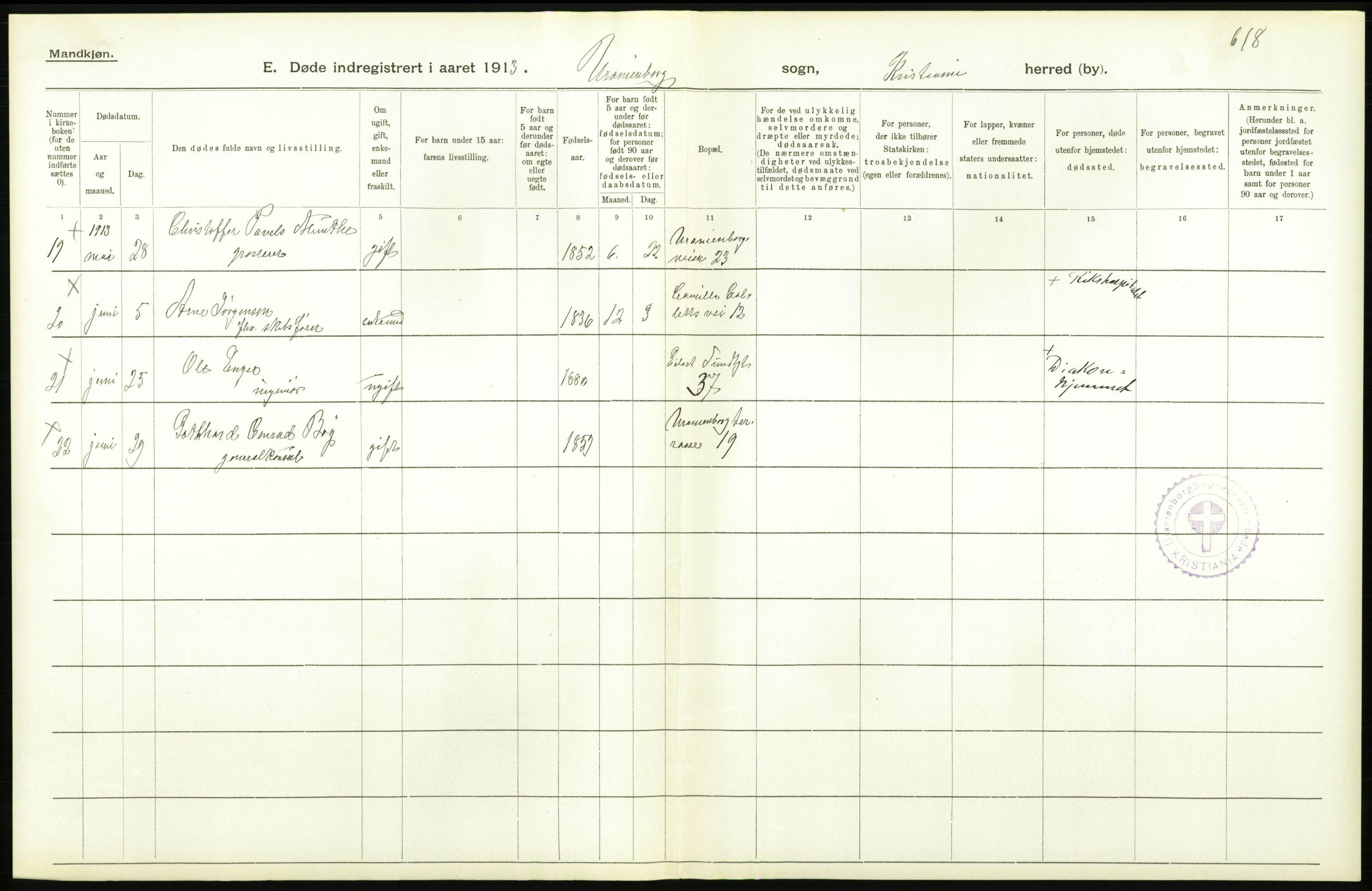 Statistisk sentralbyrå, Sosiodemografiske emner, Befolkning, AV/RA-S-2228/D/Df/Dfb/Dfbc/L0009: Kristiania: Døde., 1913, s. 458