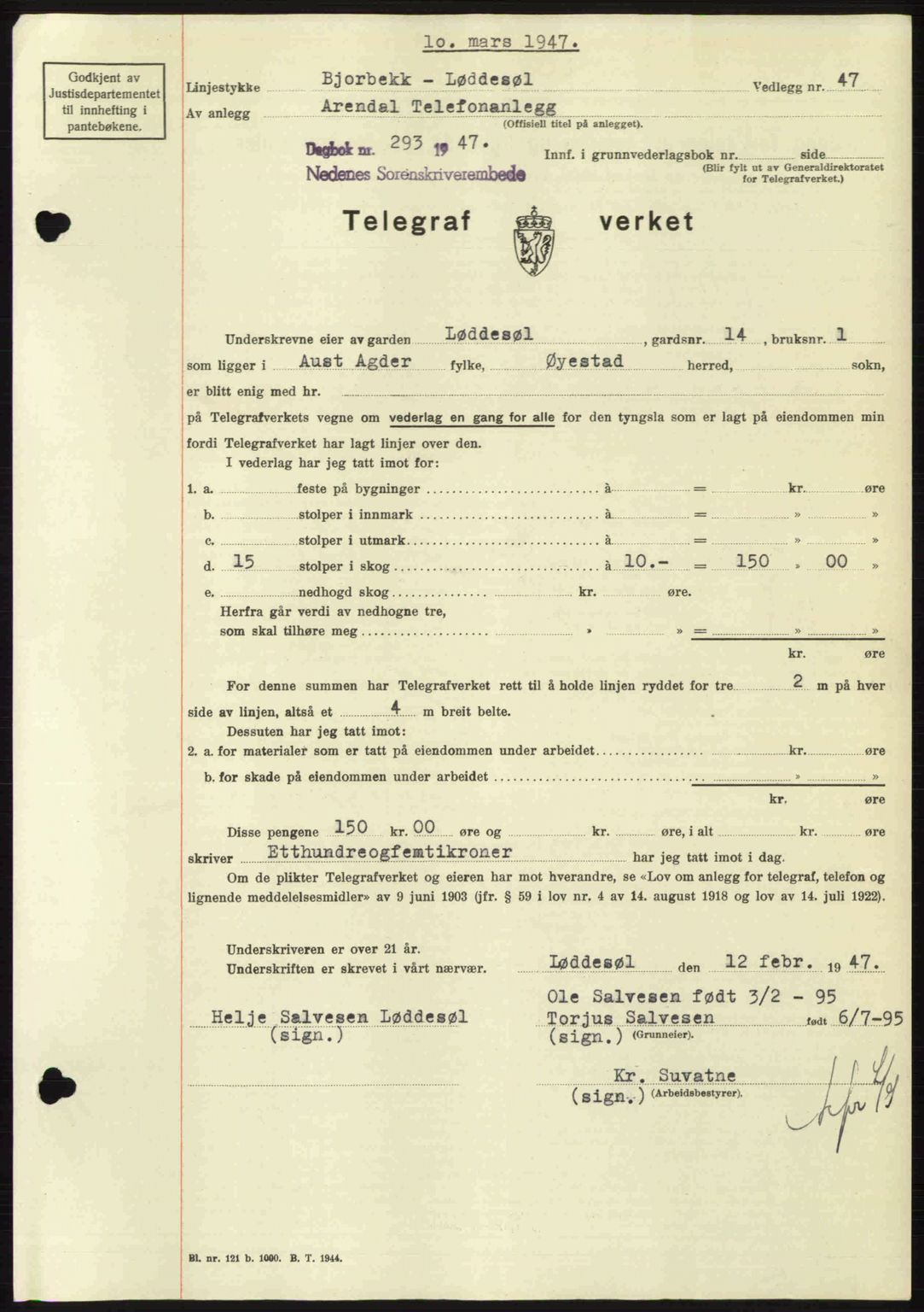 Nedenes sorenskriveri, AV/SAK-1221-0006/G/Gb/Gba/L0057: Pantebok nr. A9, 1947-1947, Dagboknr: 293/1947