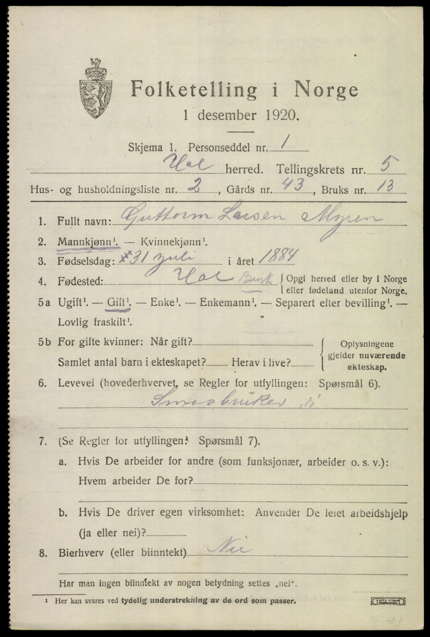 SAKO, Folketelling 1920 for 0620 Hol herred, 1920, s. 2793