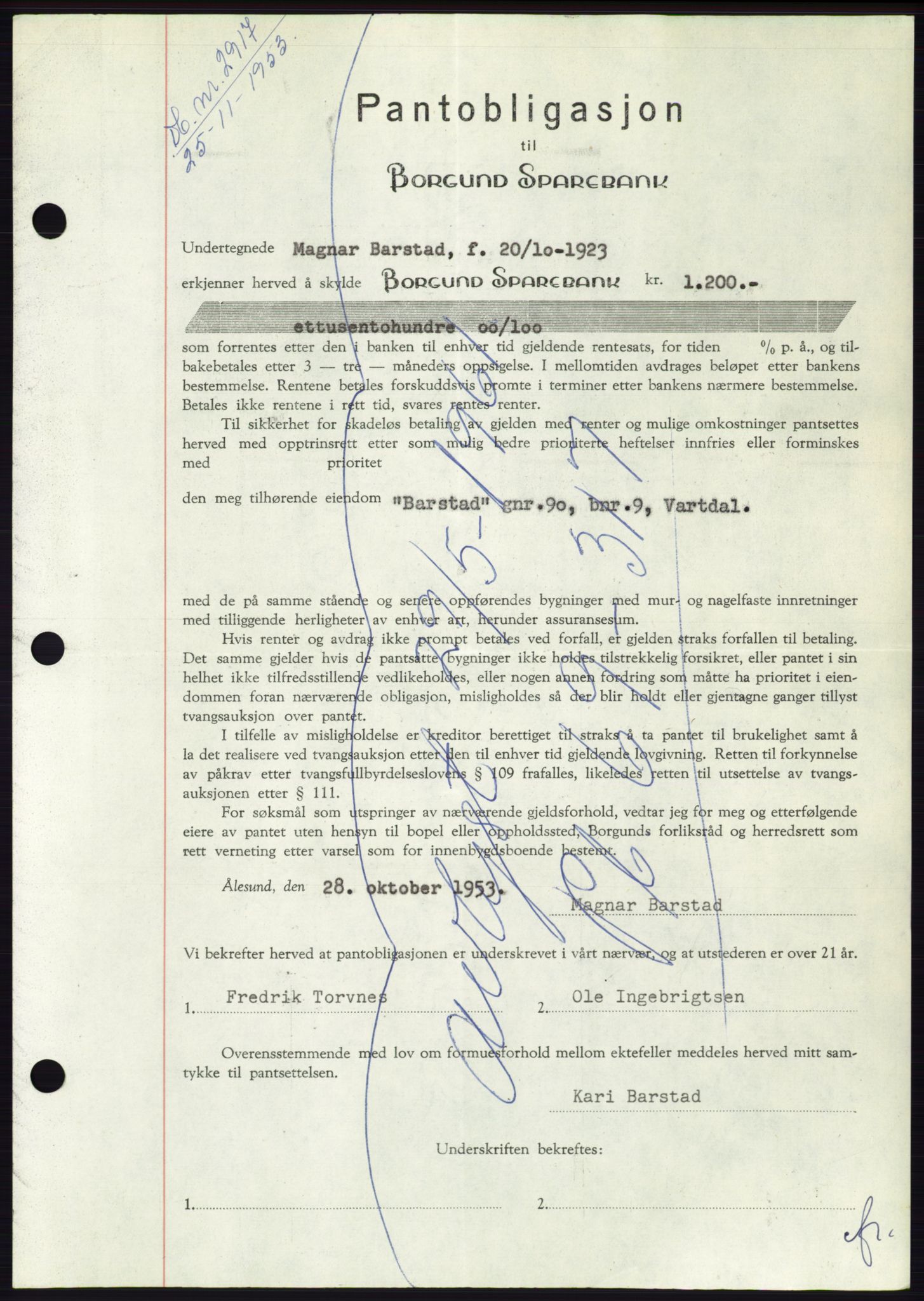 Søre Sunnmøre sorenskriveri, AV/SAT-A-4122/1/2/2C/L0124: Pantebok nr. 12B, 1953-1954, Dagboknr: 2917/1953