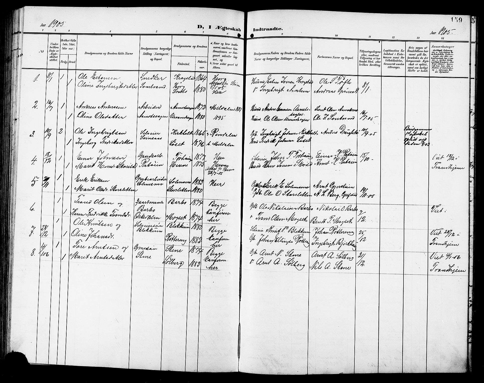 Ministerialprotokoller, klokkerbøker og fødselsregistre - Sør-Trøndelag, SAT/A-1456/672/L0864: Klokkerbok nr. 672C03, 1902-1914, s. 159