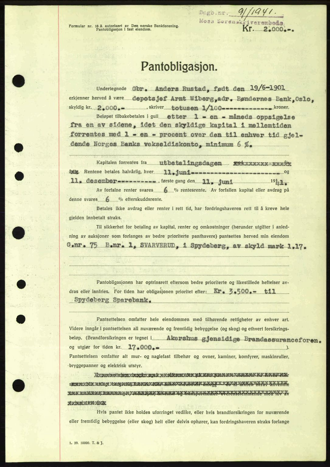 Moss sorenskriveri, SAO/A-10168: Pantebok nr. B10, 1940-1941, Dagboknr: 91/1941
