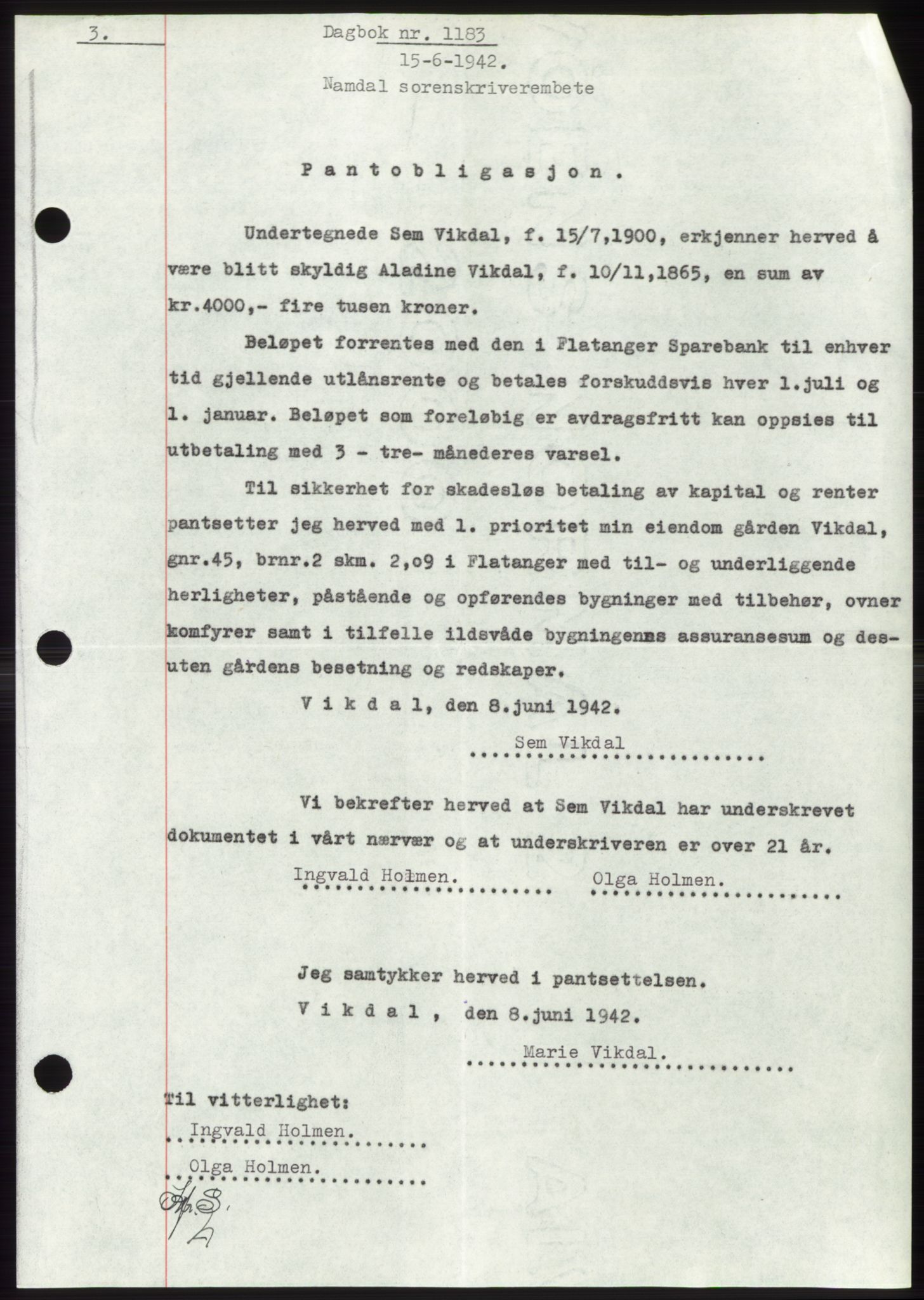 Namdal sorenskriveri, SAT/A-4133/1/2/2C: Pantebok nr. -, 1941-1942, Dagboknr: 1183/1942