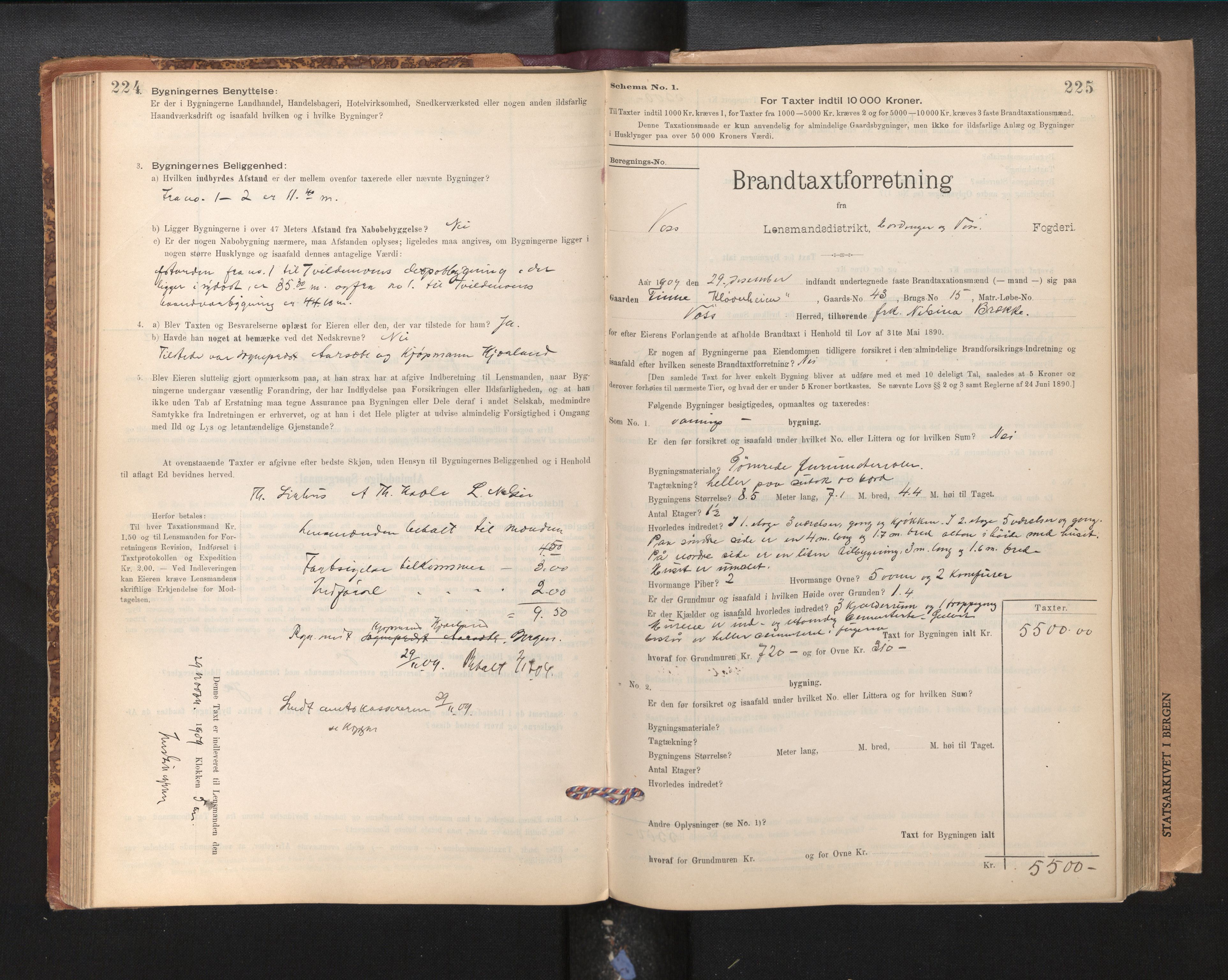 Lensmannen i Voss, SAB/A-35801/0012/L0008: Branntakstprotokoll, skjematakst, 1895-1945, s. 224-225