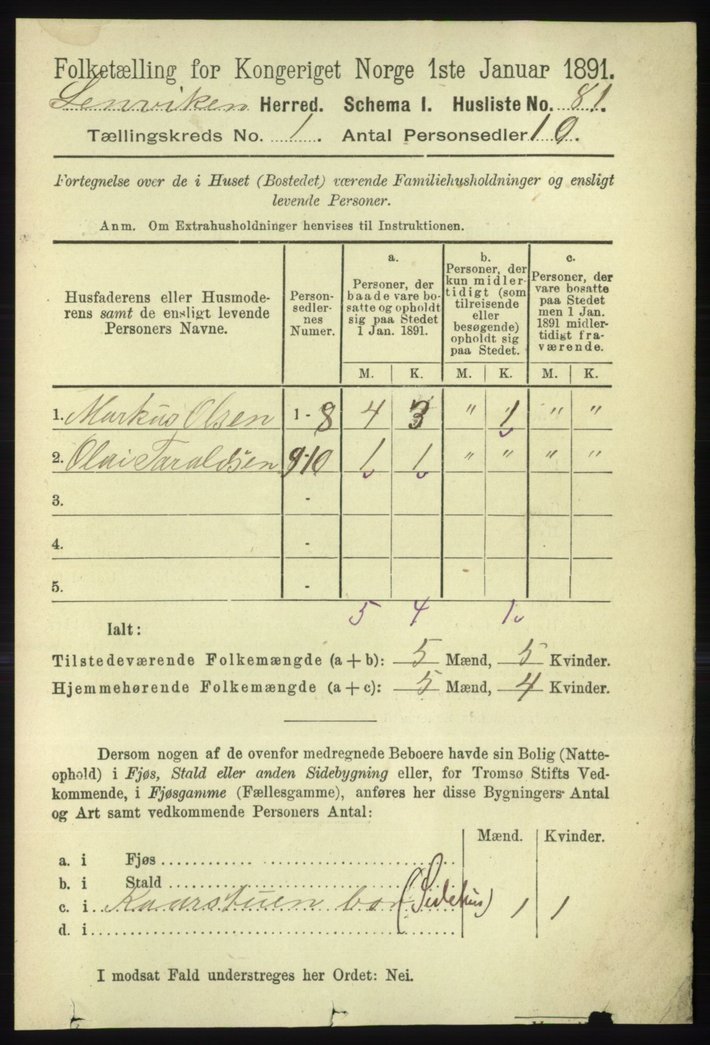 RA, Folketelling 1891 for 1931 Lenvik herred, 1891, s. 104