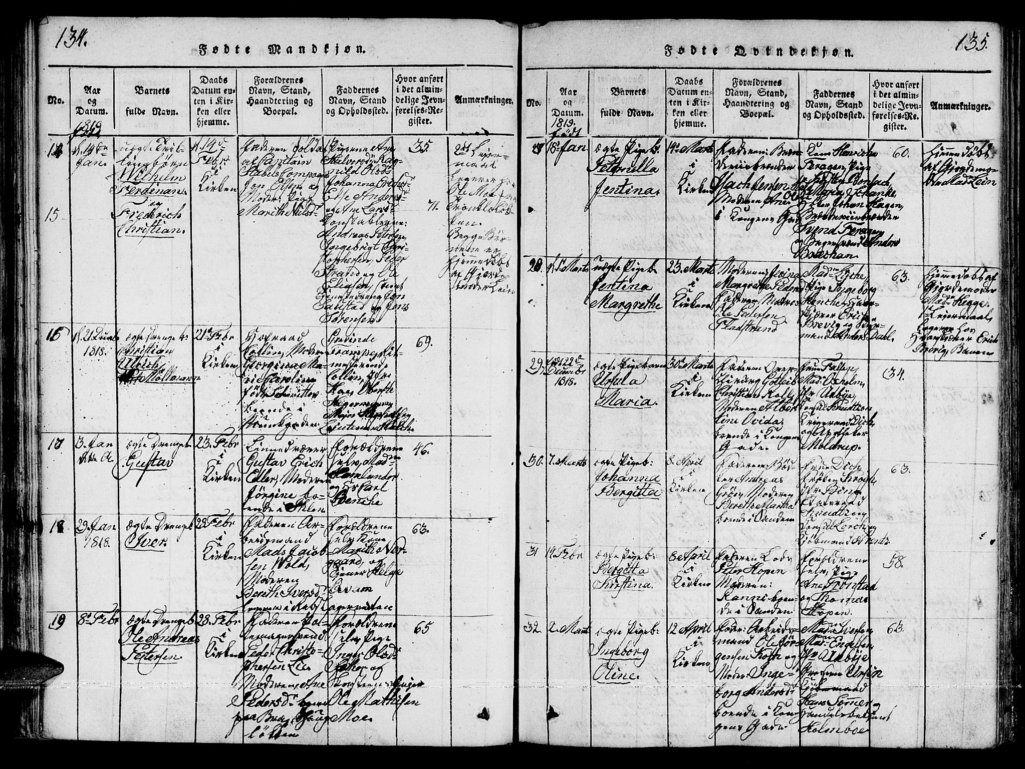 Ministerialprotokoller, klokkerbøker og fødselsregistre - Sør-Trøndelag, SAT/A-1456/601/L0043: Ministerialbok nr. 601A11, 1815-1821, s. 134-135