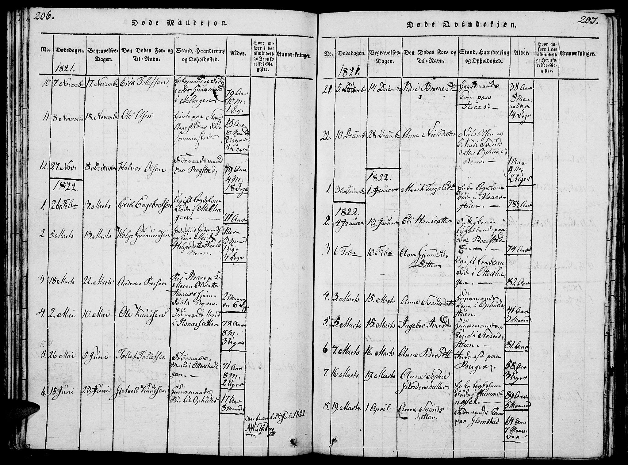Åmot prestekontor, Hedmark, AV/SAH-PREST-056/H/Ha/Hab/L0001: Klokkerbok nr. 1, 1815-1847, s. 206-207