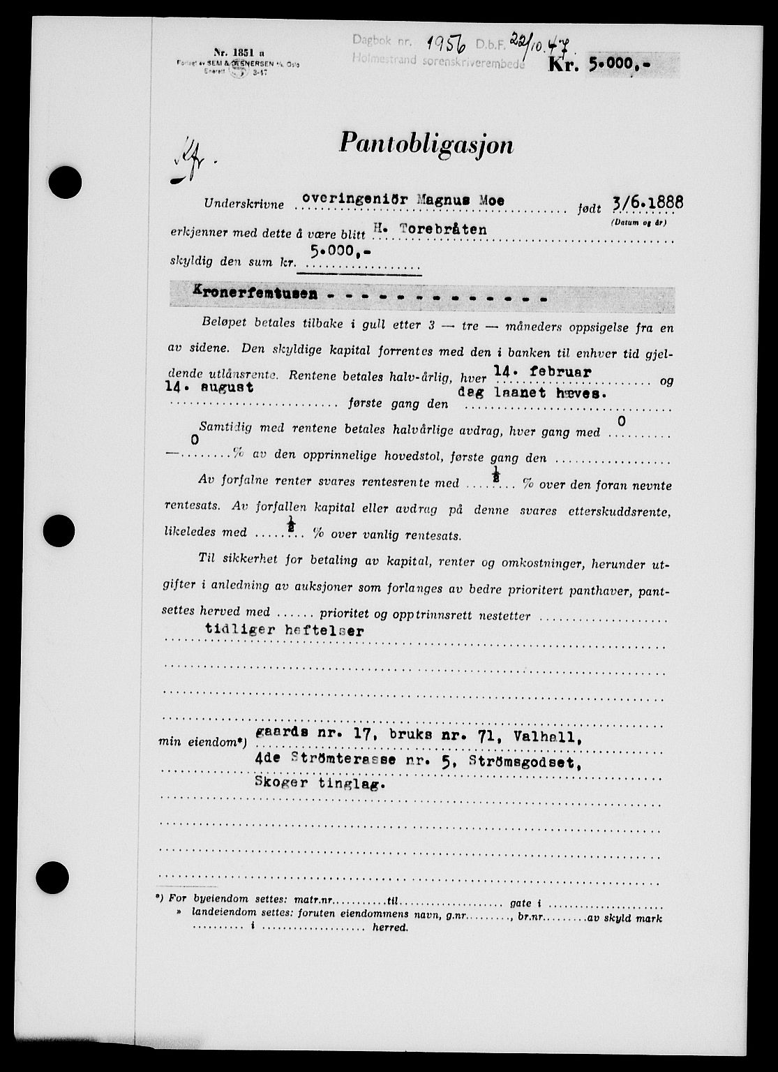 Holmestrand sorenskriveri, SAKO/A-67/G/Ga/Gab/L0058: Pantebok nr. B-58, 1947-1948, Dagboknr: 1956/1947