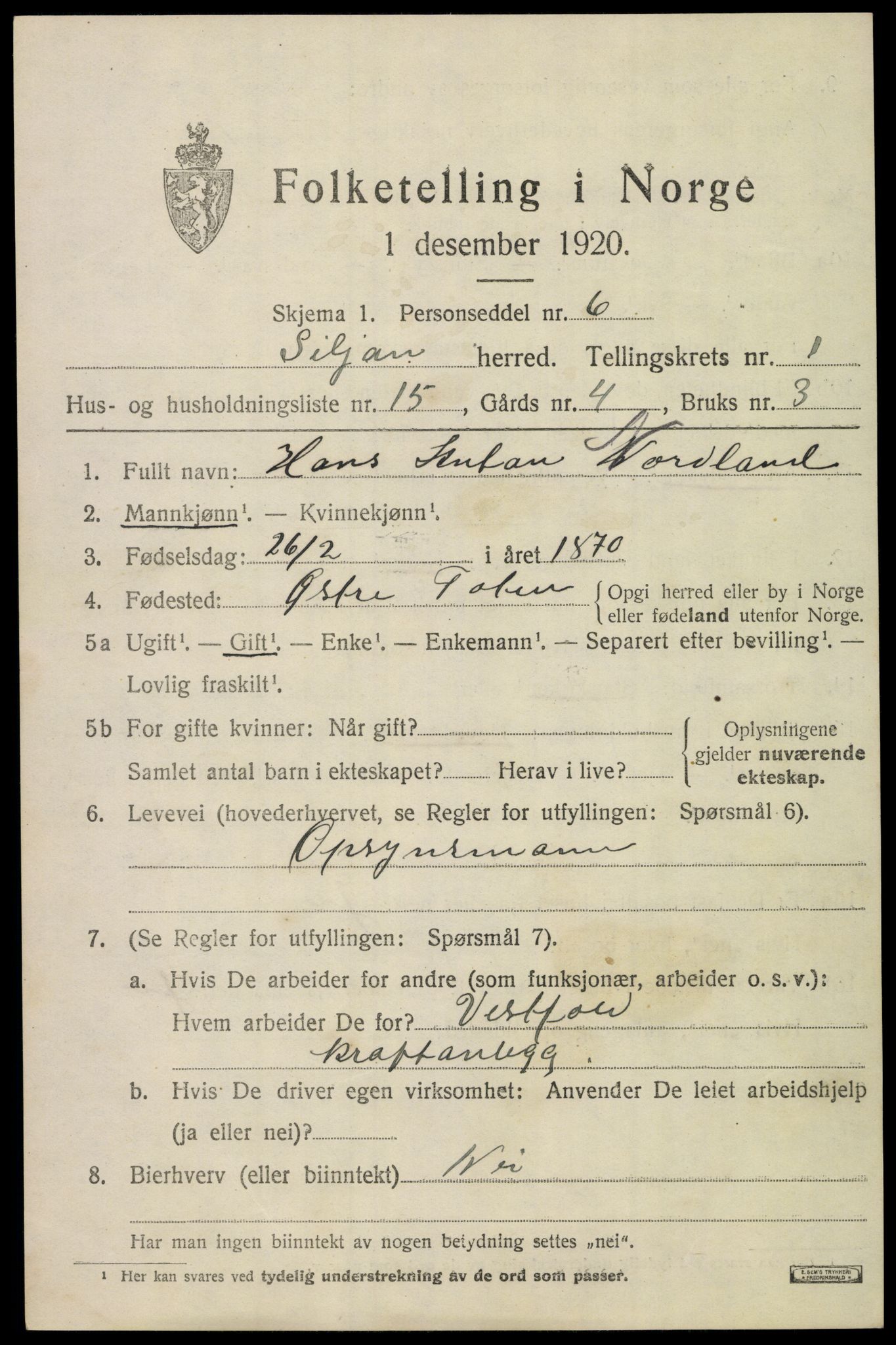SAKO, Folketelling 1920 for 0811 Siljan herred, 1920, s. 731