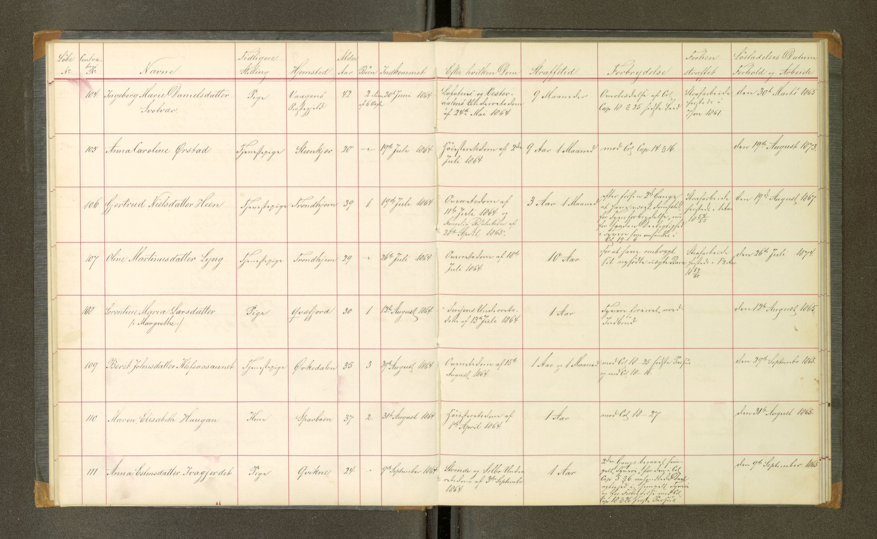 Trondheim tukthus, AV/SAT-A-4619/05/65/L0020: 65.20 Fangeprotokoll, 1864