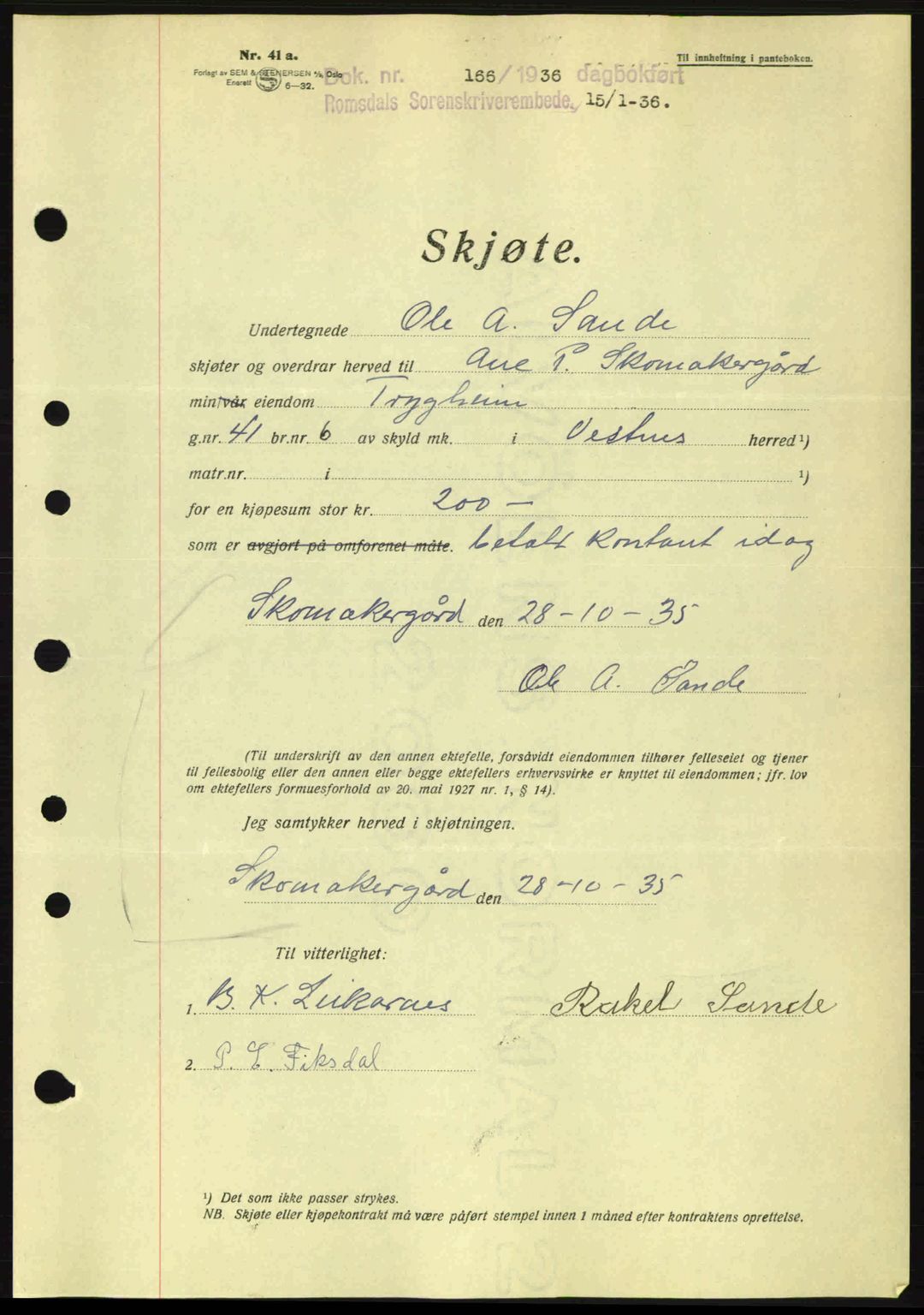 Romsdal sorenskriveri, SAT/A-4149/1/2/2C: Pantebok nr. A1, 1936-1936, Dagboknr: 166/1936