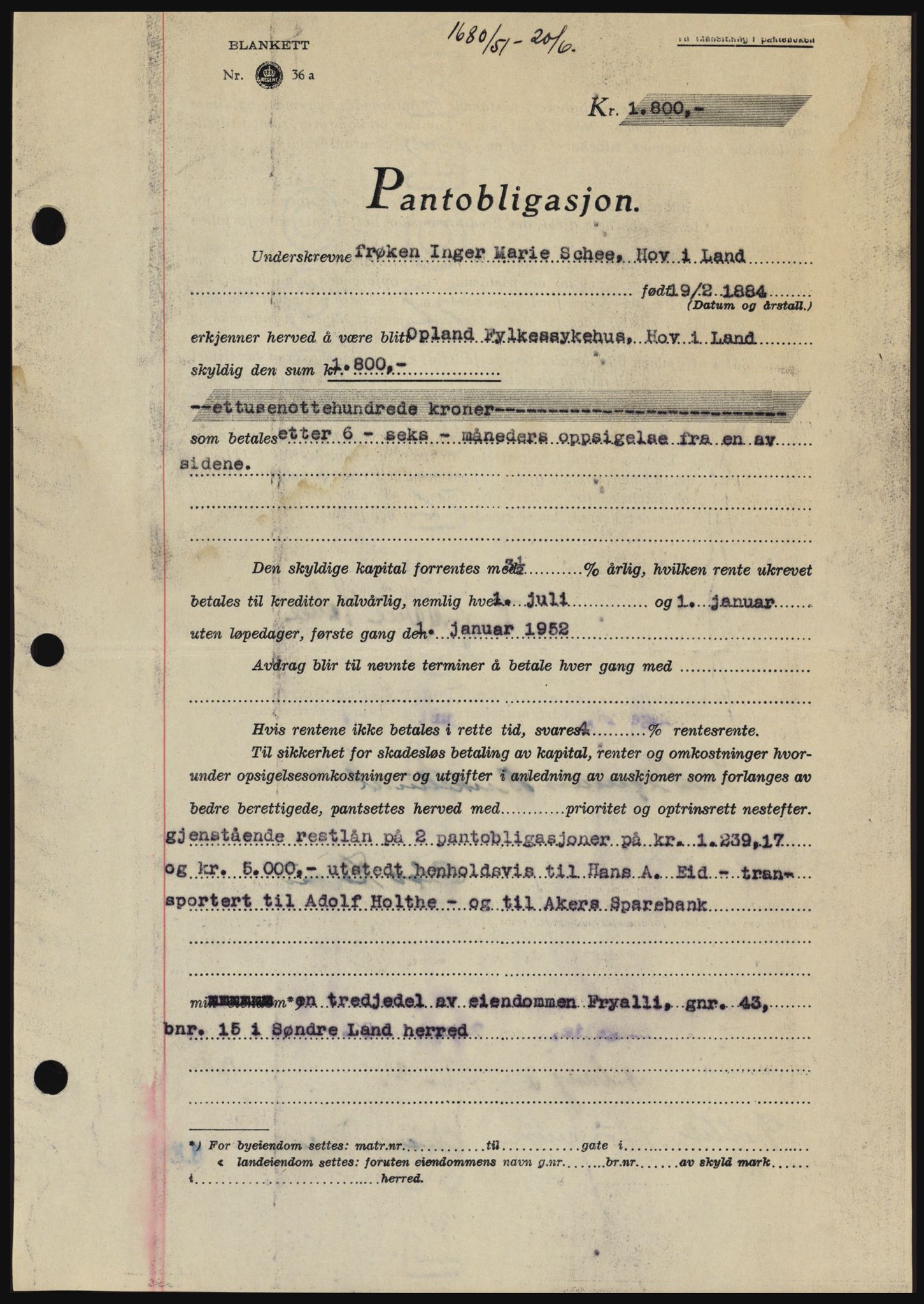 Hadeland og Land tingrett, SAH/TING-010/H/Hb/Hbc/L0021: Pantebok nr. B21, 1951-1951, Dagboknr: 1680/1951