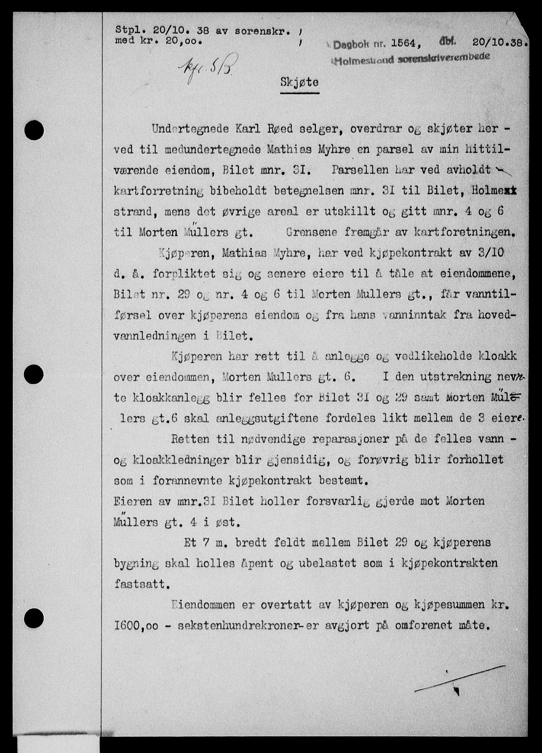 Holmestrand sorenskriveri, SAKO/A-67/G/Ga/Gaa/L0050: Pantebok nr. A-50, 1938-1939, Dagboknr: 1564/1938