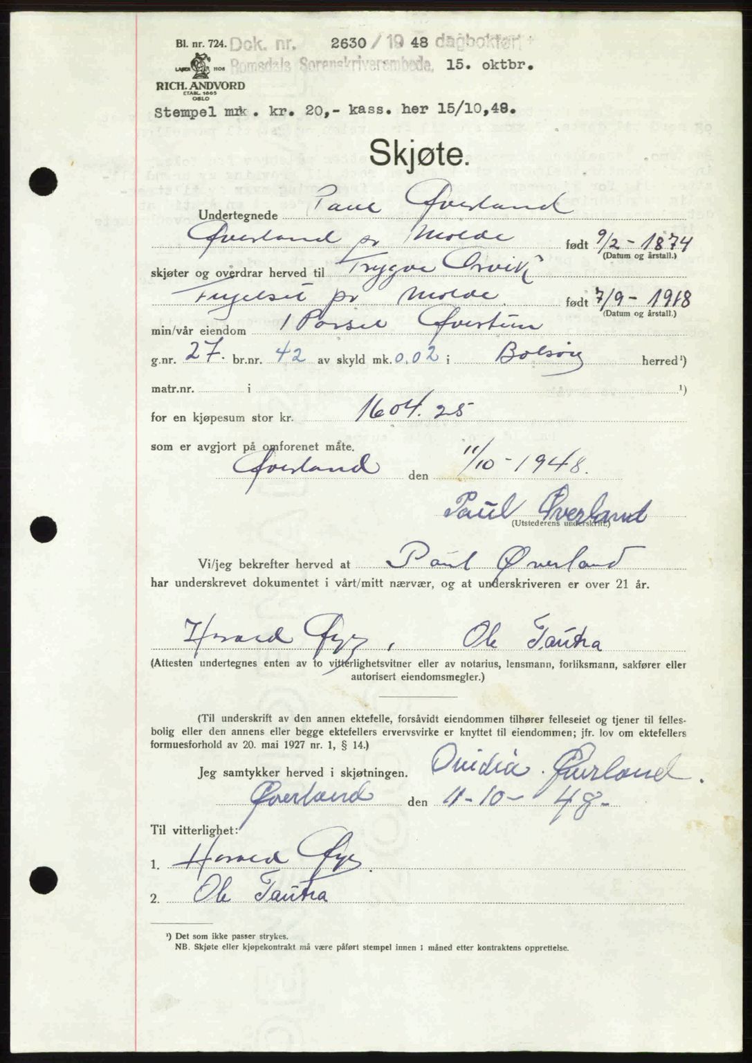 Romsdal sorenskriveri, SAT/A-4149/1/2/2C: Pantebok nr. A27, 1948-1948, Dagboknr: 2630/1948