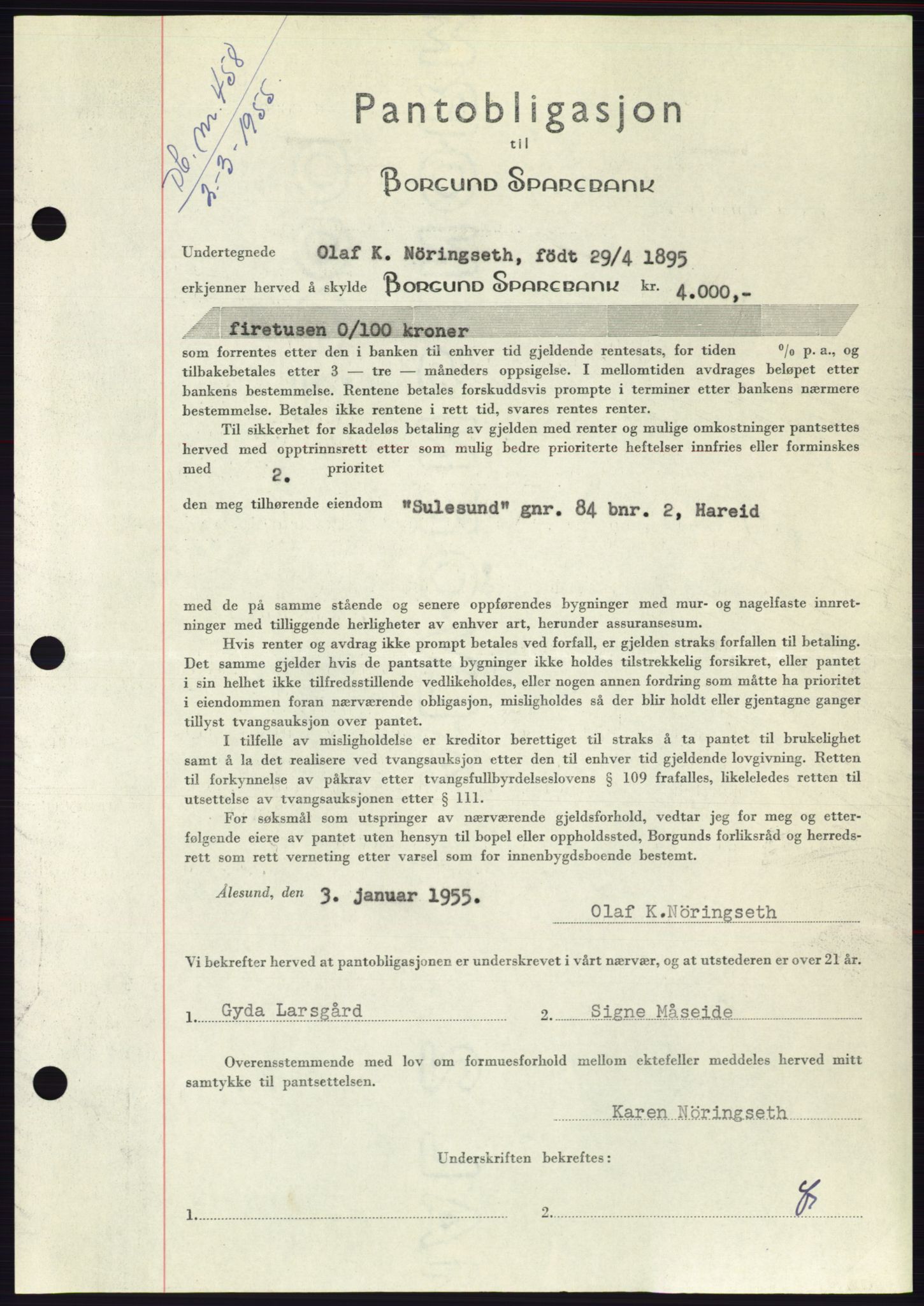 Søre Sunnmøre sorenskriveri, AV/SAT-A-4122/1/2/2C/L0126: Pantebok nr. 14B, 1954-1955, Dagboknr: 458/1955