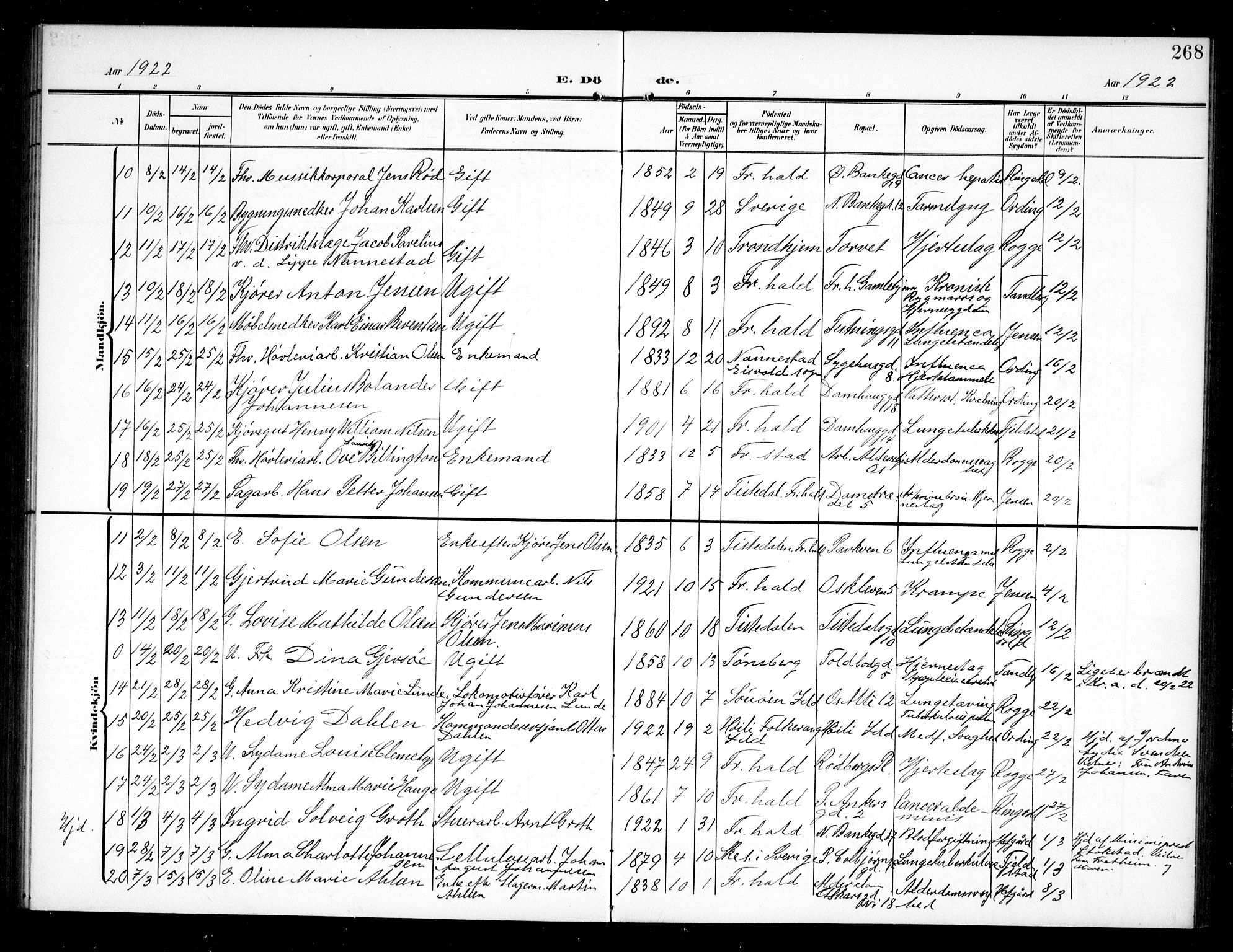 Halden prestekontor Kirkebøker, AV/SAO-A-10909/G/Ga/L0011: Klokkerbok nr. 11, 1906-1934, s. 268