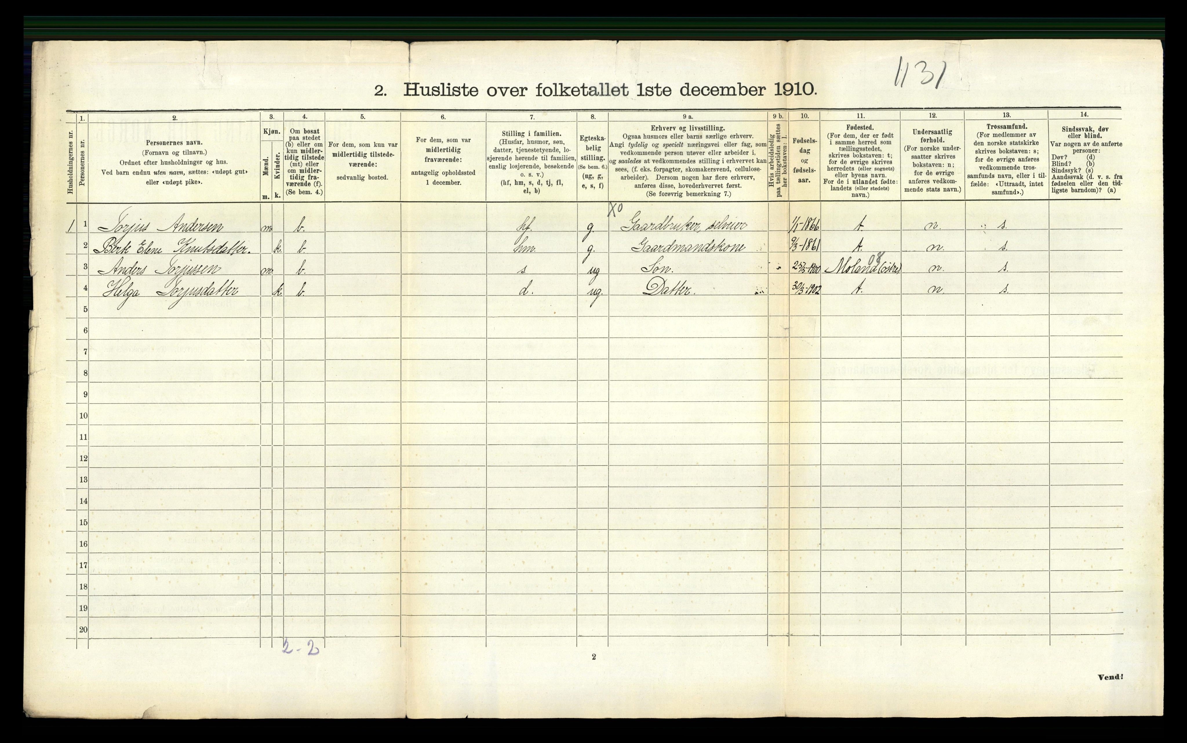 RA, Folketelling 1910 for 0914 Holt herred, 1910, s. 185