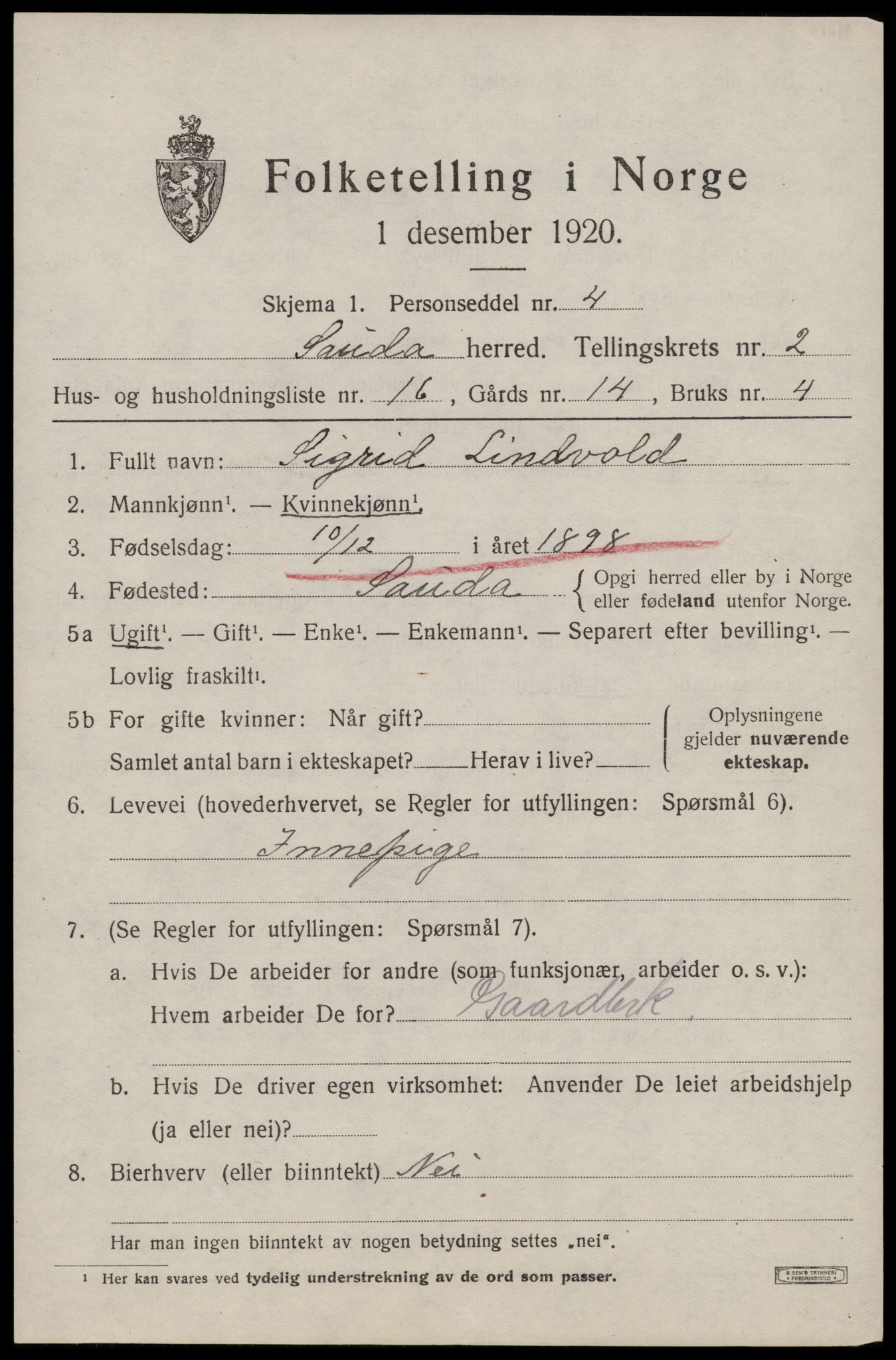 SAST, Folketelling 1920 for 1135 Sauda herred, 1920, s. 1110