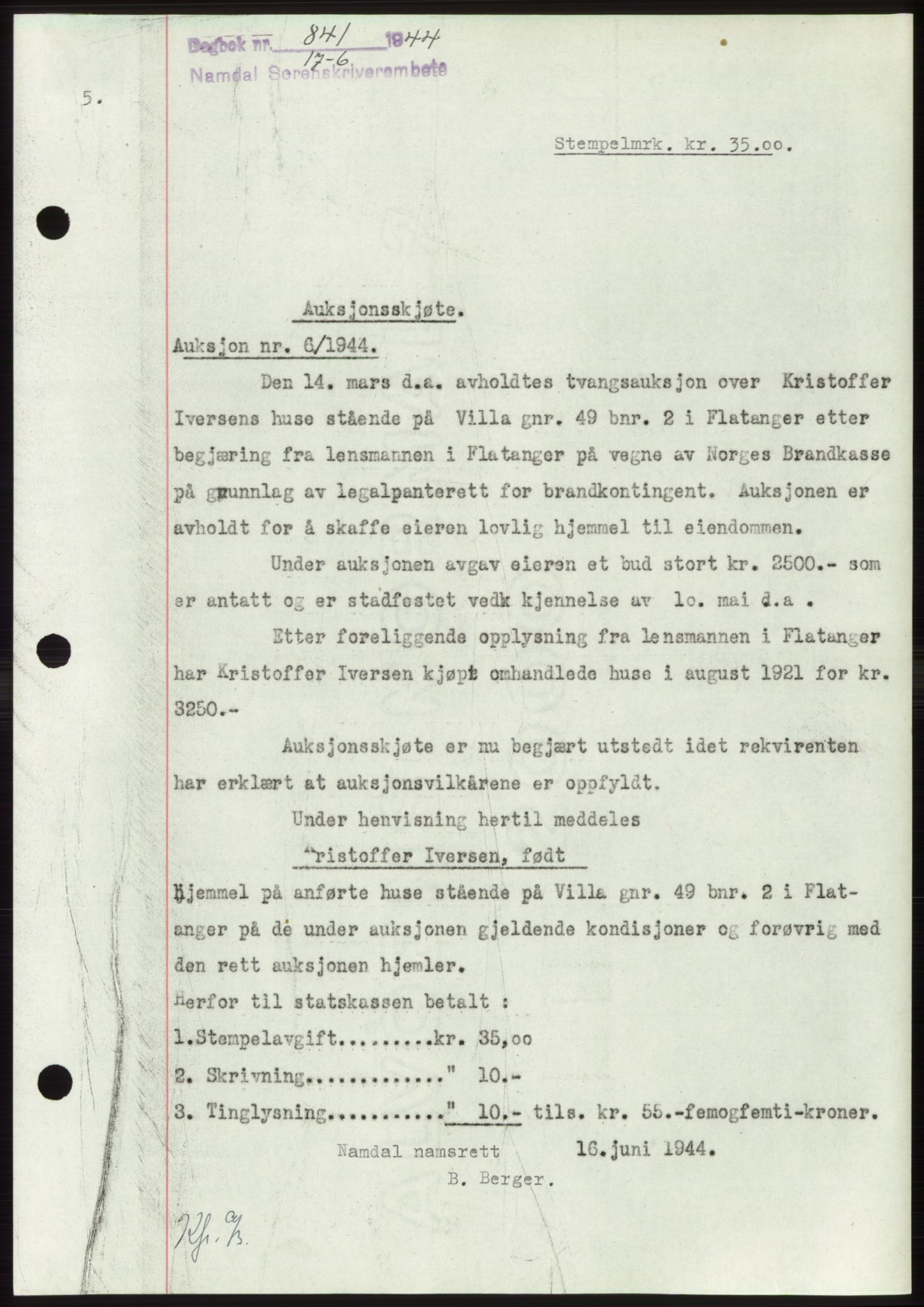 Namdal sorenskriveri, SAT/A-4133/1/2/2C: Pantebok nr. -, 1944-1945, Dagboknr: 841/1944