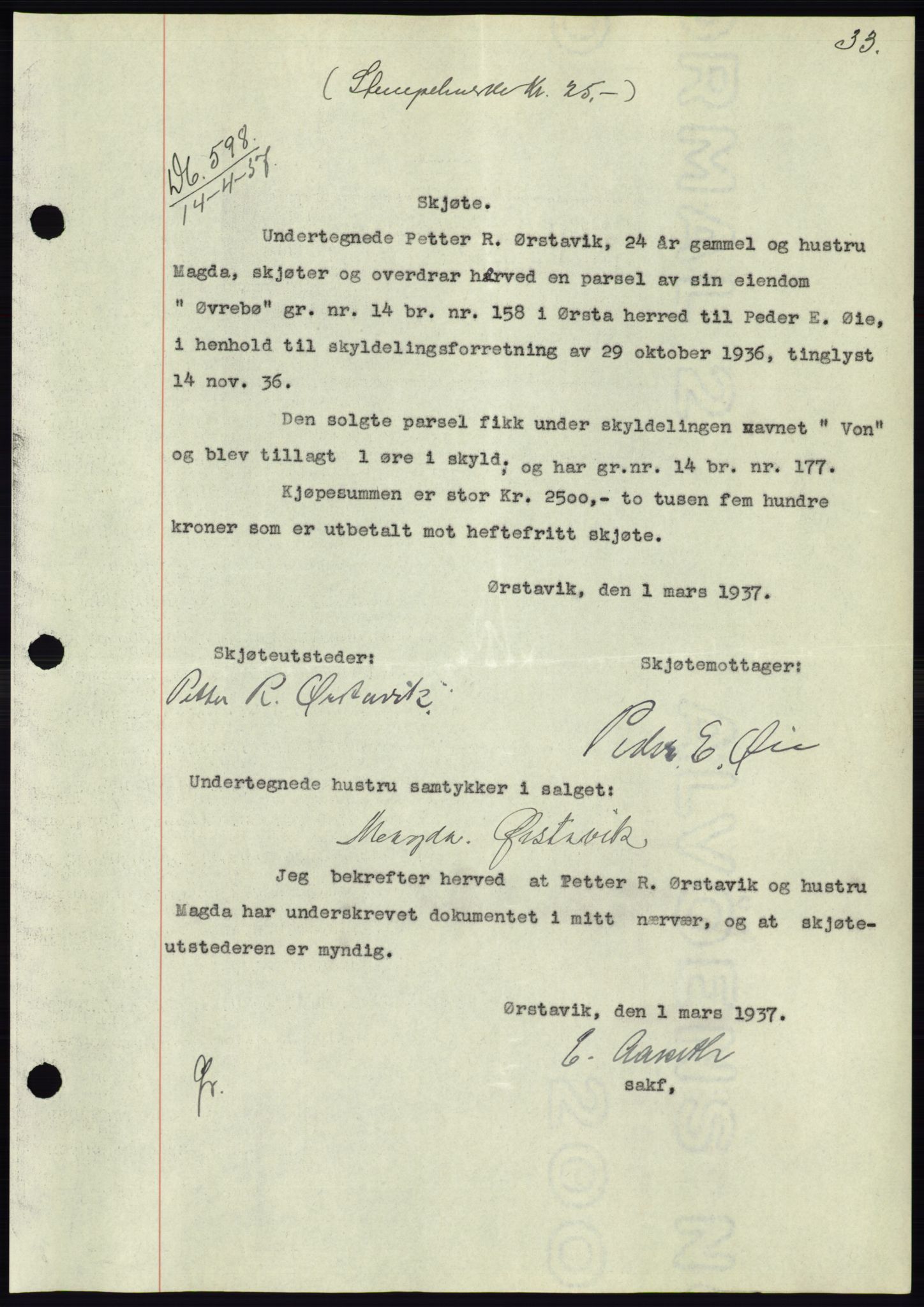 Søre Sunnmøre sorenskriveri, AV/SAT-A-4122/1/2/2C/L0063: Pantebok nr. 57, 1937-1937, Dagboknr: 598/1937