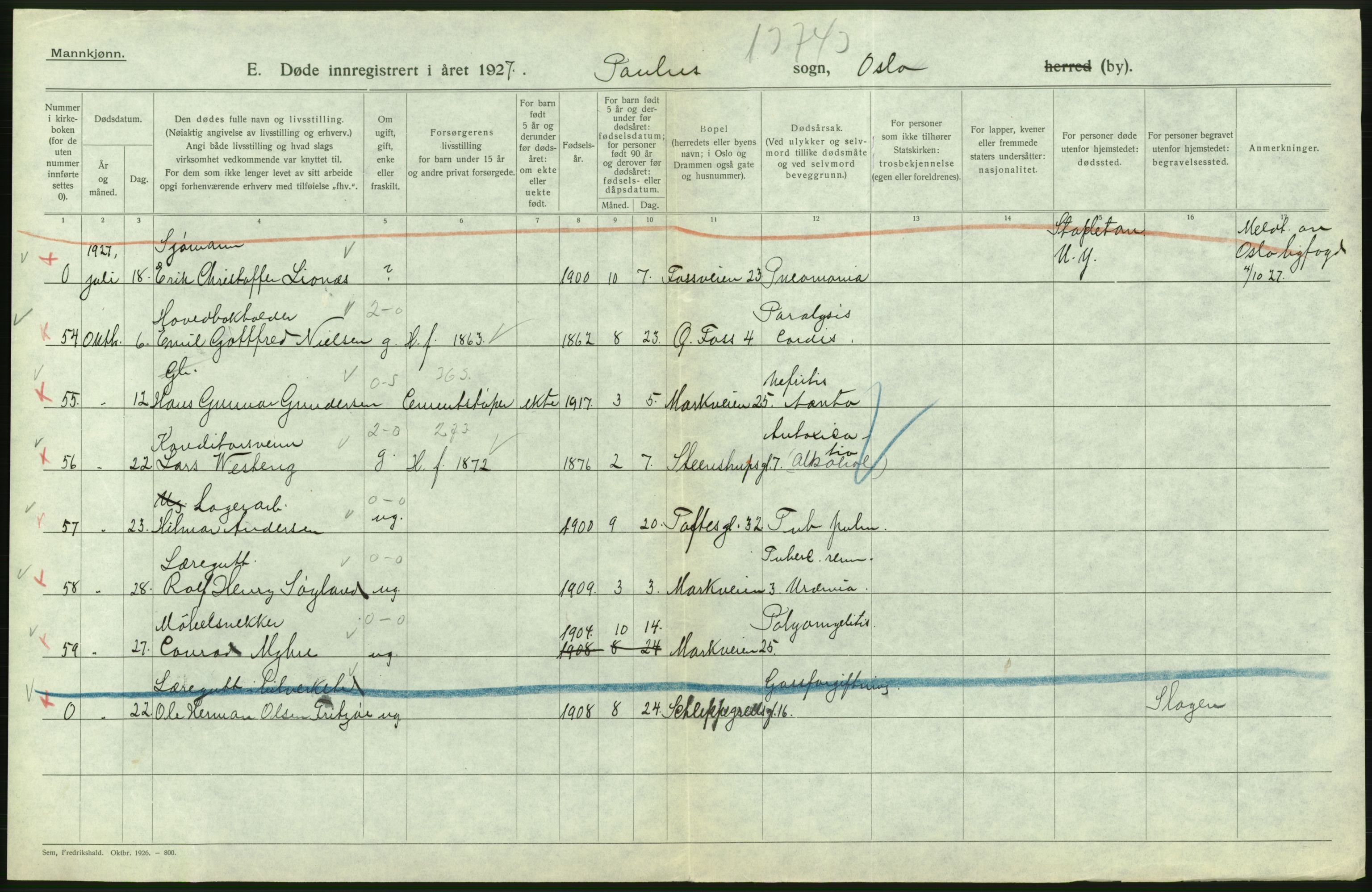 Statistisk sentralbyrå, Sosiodemografiske emner, Befolkning, AV/RA-S-2228/D/Df/Dfc/Dfcg/L0009: Oslo: Døde menn, 1927, s. 366