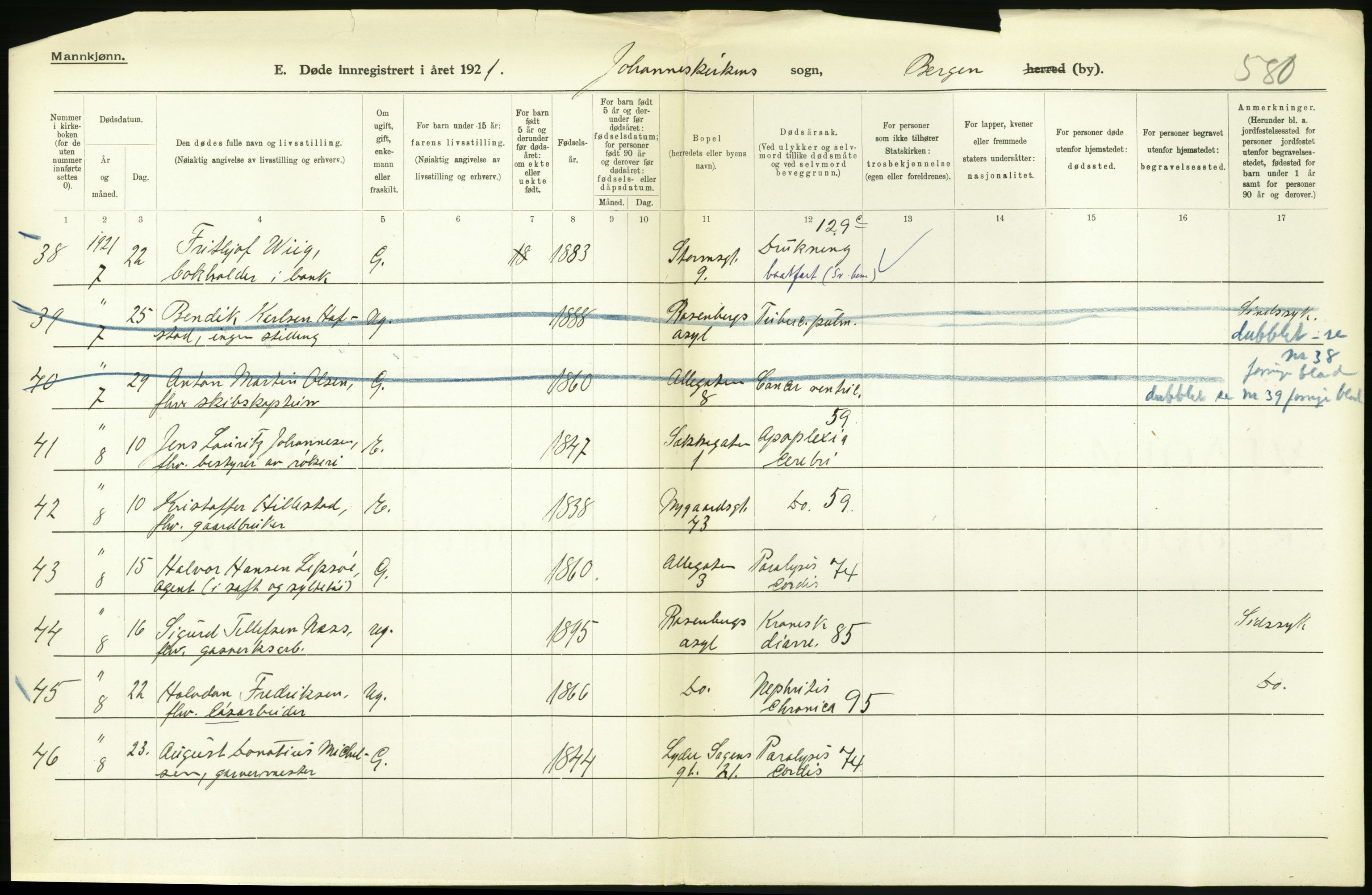 Statistisk sentralbyrå, Sosiodemografiske emner, Befolkning, AV/RA-S-2228/D/Df/Dfc/Dfca/L0036: Bergen: Døde., 1921, s. 50